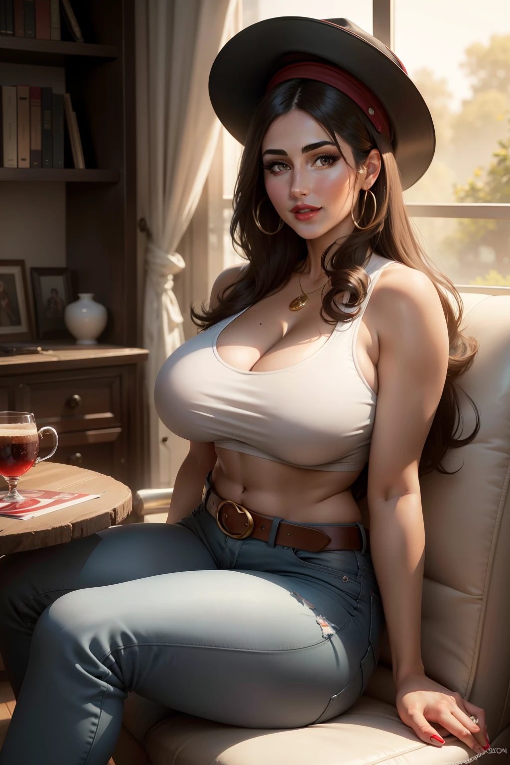 Lucy Pinder, portrait, face portrait, smiling, voluptuous, cleavage, red lips, straight hair, black hair, hat, white crop top, belt, jeans, high boots, sitting.