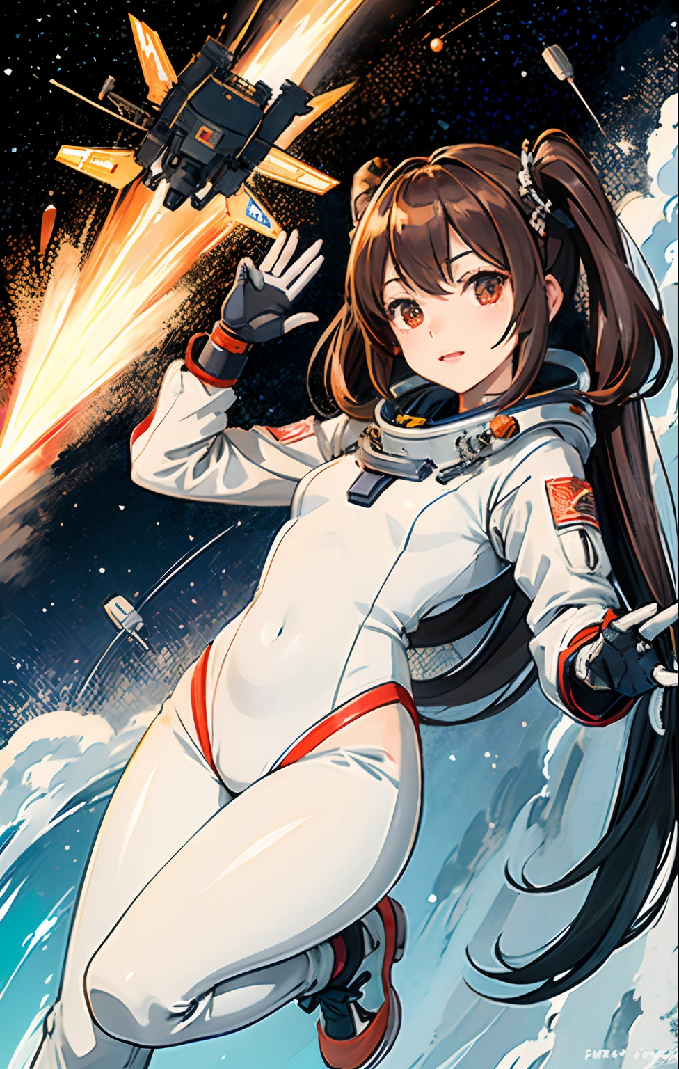 女の子1人、flat breast、cute little、beatiful detailed eyes、shiny hair、visible through hair、hairs between eyes、USA Poster、red monochrome、A dark-haired、Akame、Vampires、Teen、small tits、space suits:Orange clothing body:Jumpsuit)、white glove、White Space Shoes、White helmet、weightless、side lights、Reflectors、A person in a spacesuit is at the bottom left of the frame、My right hand is outstretched.、The right hand gently touches the Salyut space station)、Space station in the upper right corner of the screen、Reflected light from the sun、silver metal、red flag、brilliance、Random reflexes、Metallic texture、The vista is a blue Earth、Mecha style、the sea of star、High Tone、grand