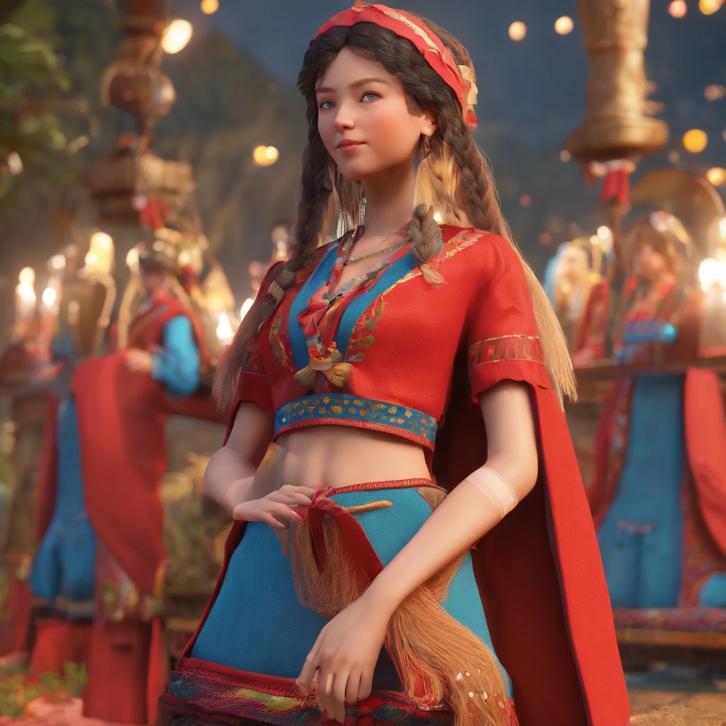 Girl IP，The traditional costume of the She，Her clothes were bluish blue，The garments are mostly self-woven linen，collars、Lace at the cuffs and right placket，Get used to wearing shorts and leggings。Red velvet threads tangled around the hair，Braided into long braids