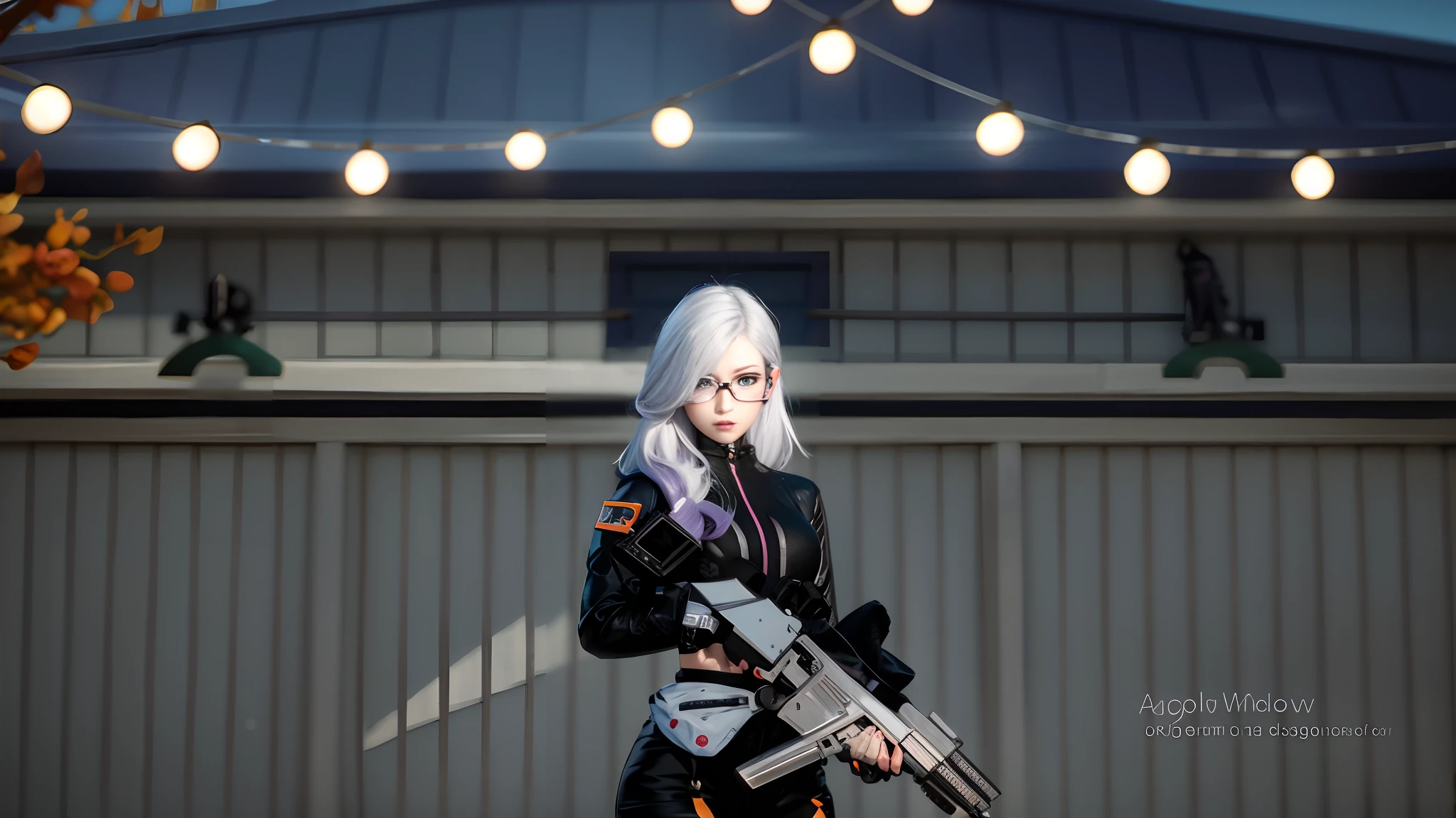 Best Quality, Masterpiece, High Resolution,1 beauty girl, wearing glasses, purple eyes, silver hair, holding a vector gun, perfect