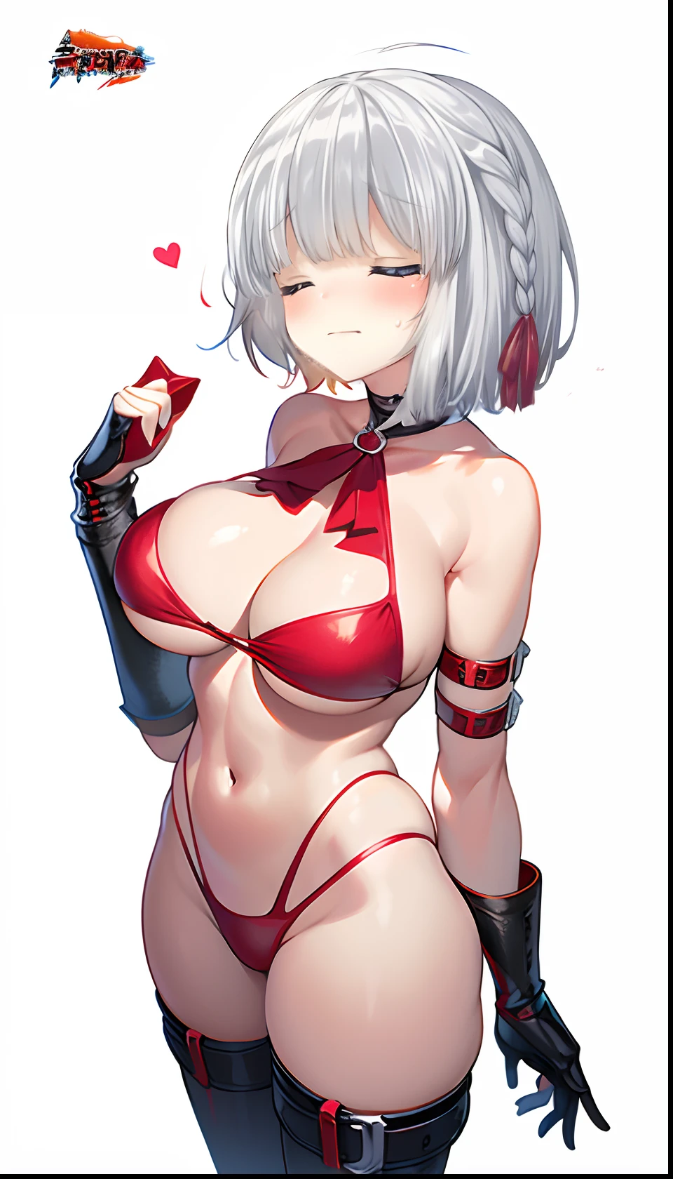 Red bikini、Colossal tits、(((masterpiece)))、(top-quality)、tre anatomically correct、(Best Quality:1.3), Large breasts, cleavage, shinny skin、silber hair、Soft skin、shorth hair、an anime girl、Bare arms、bared legs、a choker、parka、Put your arms together、Bring your chest together、short-haired