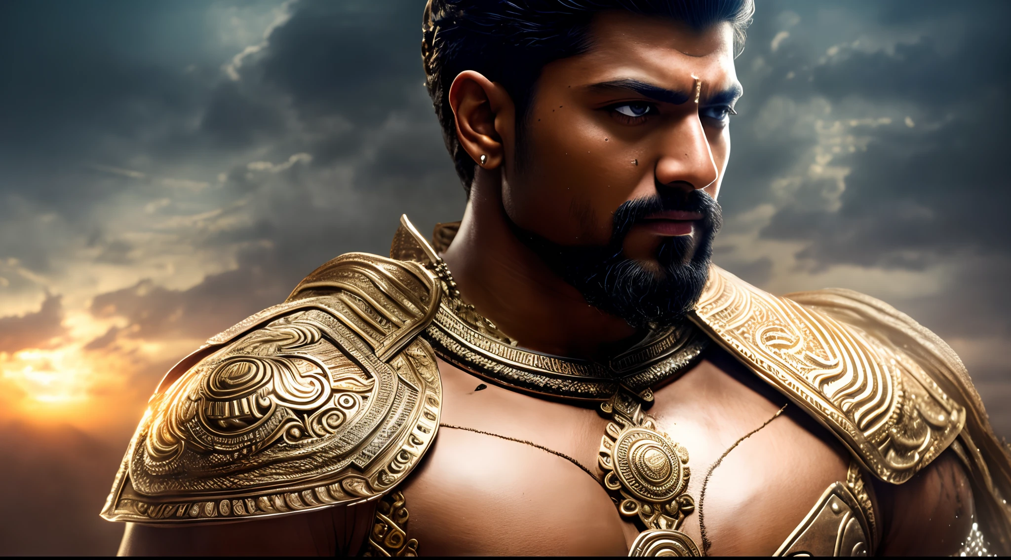 Surya wearing a warrior dress,,((muscular)),photorealistic, photo, masterpiece, realistic, realism,8k HD high definition detailed realistic, detailed, skin texture, hyper detailed, cinematic lighting,realistic skin texture, armature, best quality, ultra high res, (photorealistic:1.4),, high resolution, detailed, colors hyper realistic lifelike capture dramatic lighting