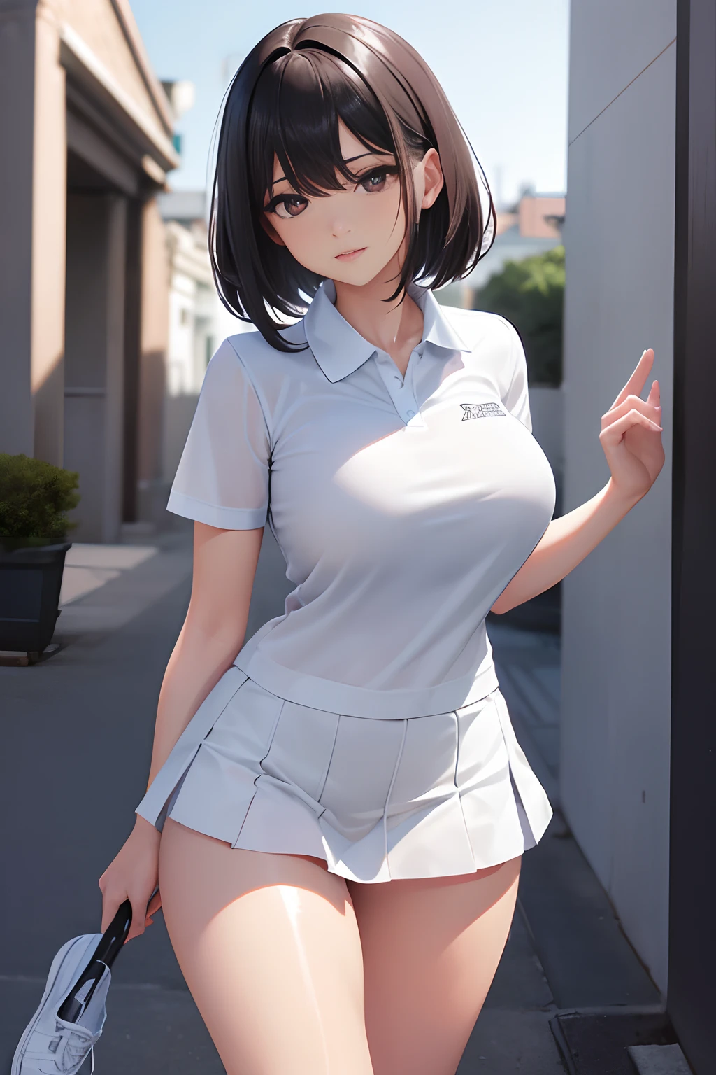1girll, 独奏, White polo shirt, White sneakers, tennis wear, white mini-skirt, tmasterpiece, Best quality at best, realisticlying, ultra - detailed, (shiny skins, perspired:1.4), absurderes, looking at viewert, with short black hair, with brown eye,slenderness,Dynamic light and shadow,A high resolution,Sharp focus,depth of fields,The eyes are delicate,Sharp pupils,pupil realistic,(Big breasts 3.2),(Thigh thick:1.0),exteriors,Skysky,anime big breast,Not exposed,Frontal depiction