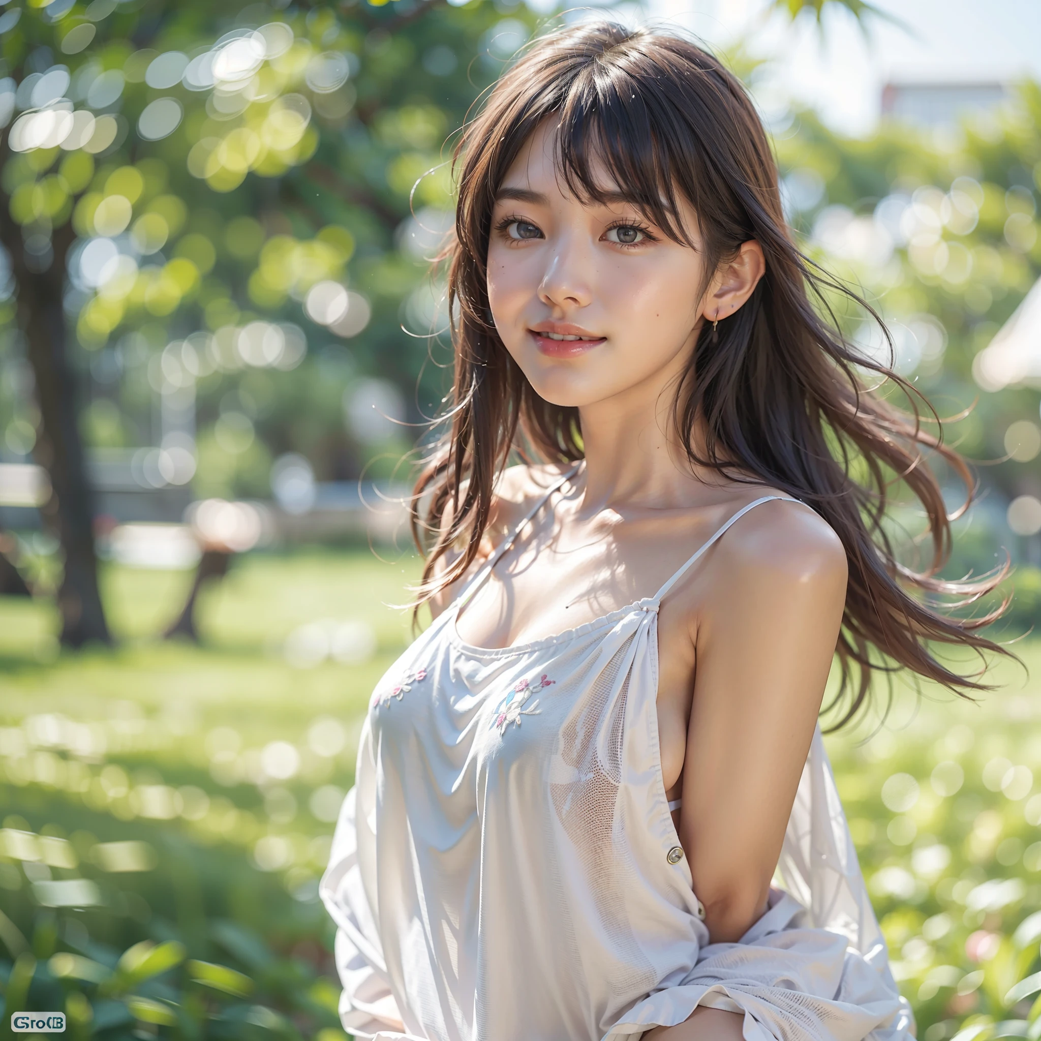 In the park under the blue summer sky、Adult woman with large breasts、Camisole、Asian woman smiling at Alafe,、Young Pretty Gravure Idol, Young skinny gravure idol, Realistic Young Gravure Idol, Young Sensual Gravure Idol, Japanese Models, Shot with Canon EOA 6 D Mark II, taken with canon eos 5 d mark iv, Young Gravure Idol, Hot with shining sun