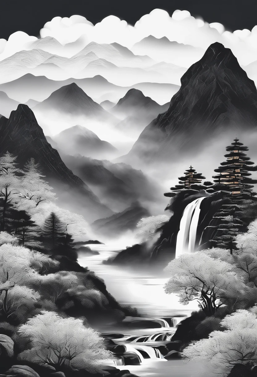 mountain peaks，flowingwater，waterfallr，teacup，Clouds，handpainted，black andwhite，illustration，China-style，Large length，Creative writing，New Chinese，k hd，Be detailed，A high resolution，8K