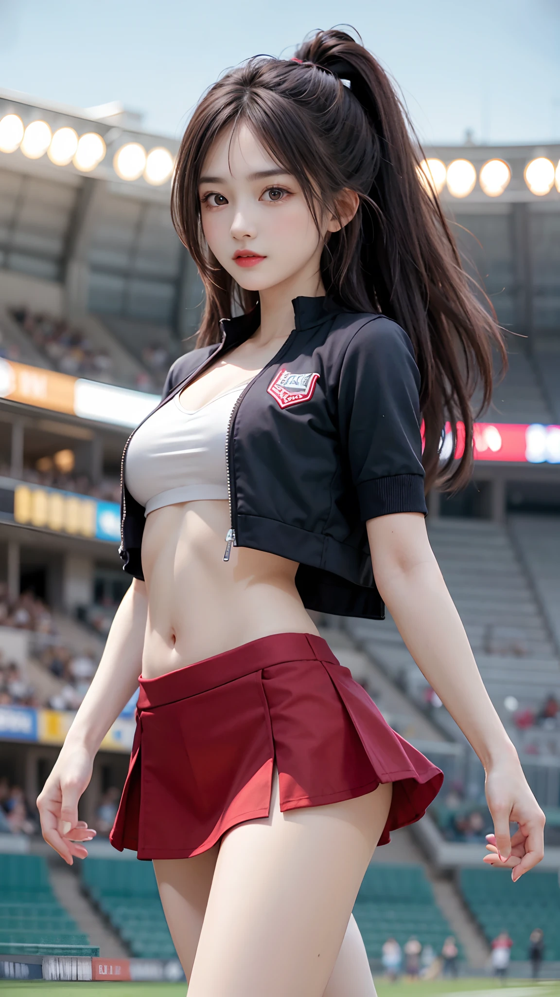 4k ultra hd, masterpiece, best quality, a girl, sports girl, happy, good face, smile, detailed eyes, detailed lips, very long hair, Multicolor floating hair, slim body, medium breasts, tight abs, narrow waist, red costume, short sleeves, cropped top, opened jacket, black jacket, skirt, dark shadow, bright sunshine, stadium background, jumping scene capture,
