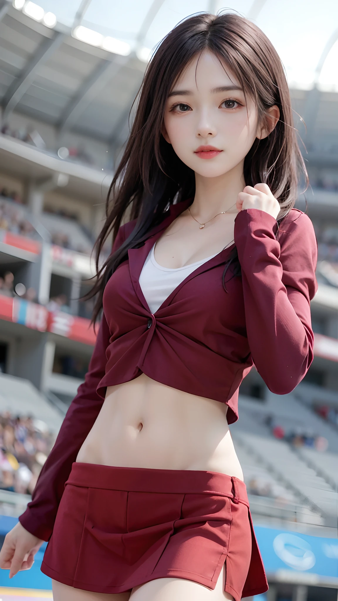 4k ultra hd, masterpiece, best quality, a girl, sports girl, happy, good face, smile, detailed eyes, detailed lips, very long hair, Multicolor floating hair, slim body, medium breasts, tight abs, narrow waist, red costume, short sleeves, cropped top, opened jacket, black jacket, skirt, dark shadow, bright sunshine, stadium background, jumping scene capture,