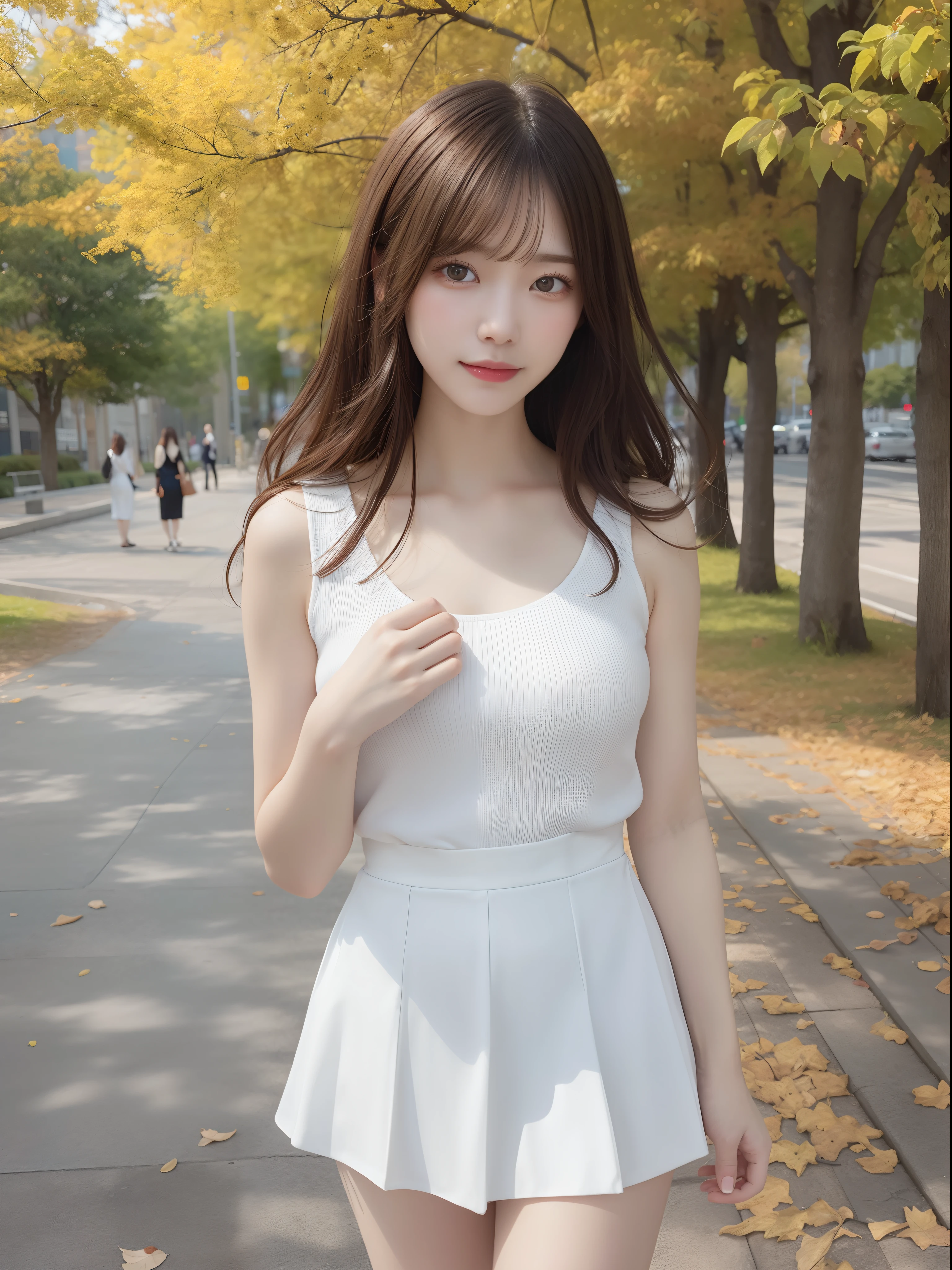 Shot on the promenade of a park in early autumn。The model is、I'm strolling along the promenade where the sun shines through the trees....................。 Modeled after a beautiful 20-something actress。 
Realistic、Realistic and ultra-detailed finish、Create very elaborate CG Unity 8K wallpapers。 
The model is slender and cute、Good Style、Green eyes、the nose is small、Small breast size。It also has a mature feel。 
Her characteristics are、Hairstyle Up Styling、Trendy hair color with a slightly bright and soft。 
The skin quality of the model is delicate、Pay attention to the fine details and softness of the hair。 
Take a picture of your whole body。 
Fashion style is、White blouses、Wearing a white tight skirt。