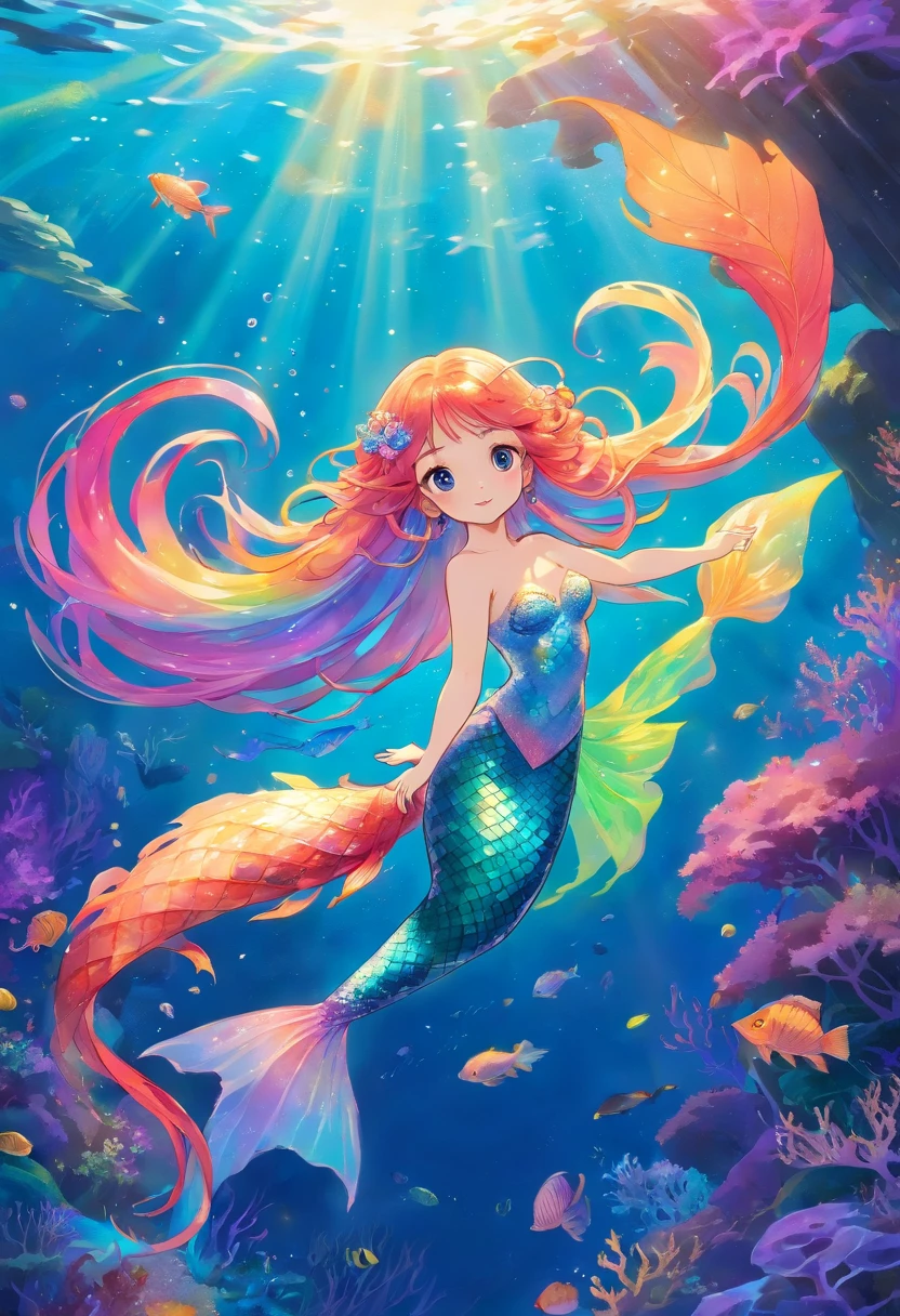 rainbow mermaid,fantasy creature (mermaid:1.1),underwater scenery,ocean depths,beautiful detailed eyes,beautiful detailed lips,sparkling scales,flowing colorful hair,finely detailed fish tail,magical underwater lighting,calm and serene atmosphere,peaceful underwater kingdom,dreamlike setting,floating seaweed and coral,fascinating marine life,vibrant and bright colors,natural sunlight filtering through the water,iridescent jellyfish dancing around,playful and gentle sea creatures,ethereal and enchanting presence,mythical and mysterious aura.