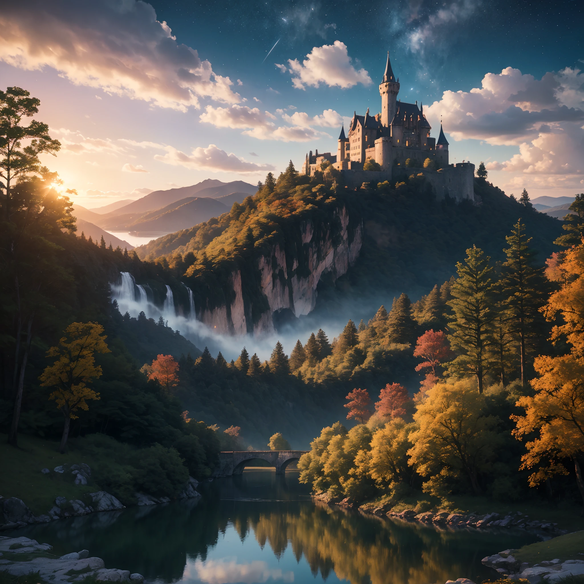 A picturesque scene unfolds as the sun sets, casting a blood-red glow over the earth from behind the mountains. Standing proudly atop the mountain peak, a ancient and mysterious castle emerges, its silhouette both elusive and majestic, accentuated by the flickering lights. The tranquil lake in front of the castle mirrors its enchanting beauty, creating an illusion of a fantastical realm. Alongside the lakeshore, a towering tree reaches towards the heavens, adorned with a lush canopy of vibrant, multi-colored flowers that exude a captivating aroma. Above in the sky, countless stars twinkle like diamonds, illuminating the night with a cosmic sense of mystery. (best quality,4k,8k,highres,masterpiece:1.2),ultra-detailed,(realistic,photorealistic,photo-realistic:1.37) Artistic Style: landscape, enchanting Color Tone: warm, vibrant Lighting: soft, ethereal Studio Lighting