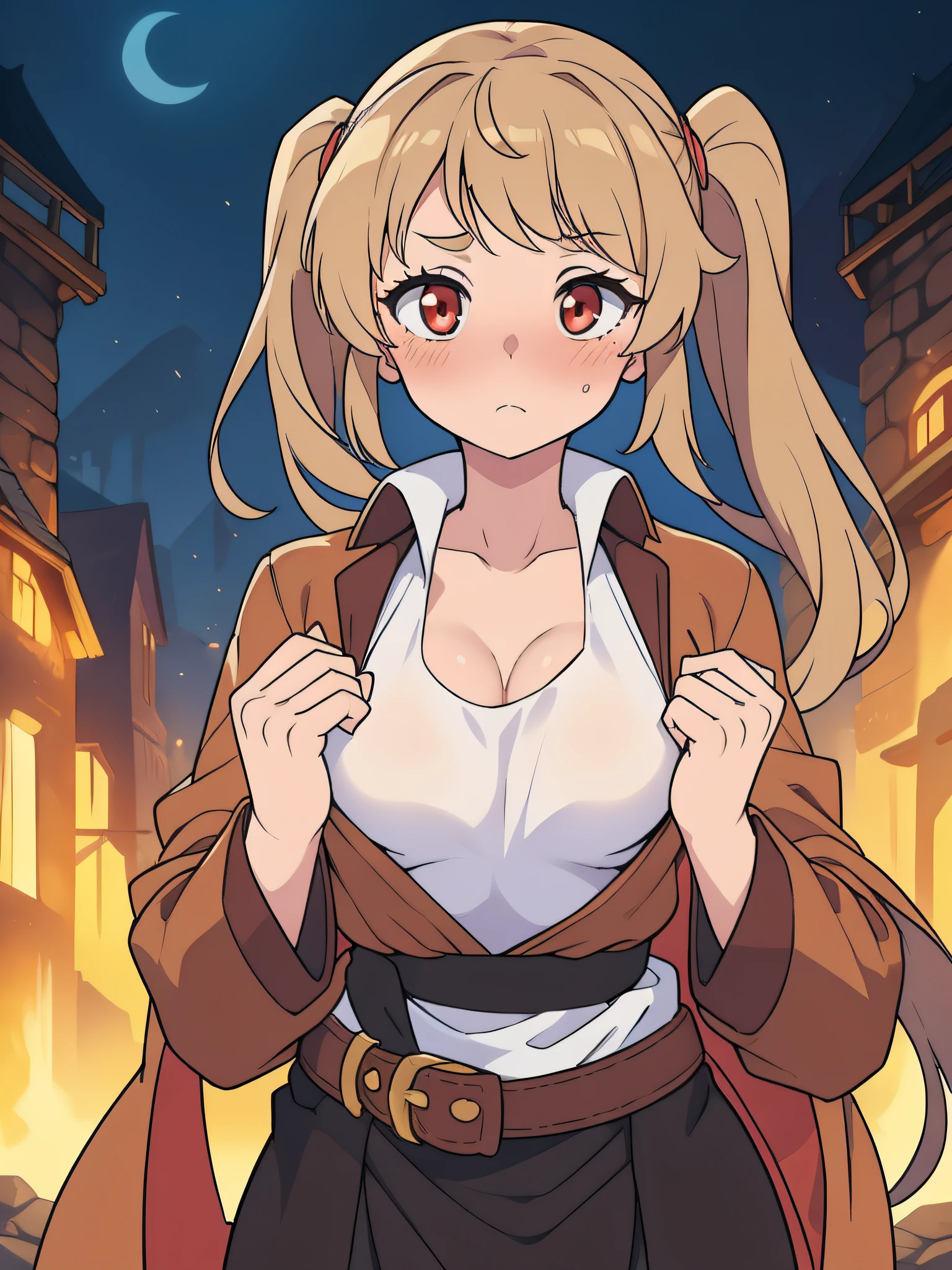 (((kipteitei art))), Masterpiece, high quality, best quality, beautiful, HD, perfect lighting, detailed face, detailed body, ((1girl)), ((solo)), small breasts, cleavage, ((((sagging breasts)))), soft body, twintails, light brown hair, blushing, worried, light red eyes, it's bright, small round breasts, tanned skin, (((very small breasts))), small boobs, flat chest, flat_chest, tiny_breasts, (((flat_chest))), (((tiny_breasts))), blush, dark orange coat, dark orange mage coat, white robe around body, tight clothes, light blue grimoire floating, ((blue grimoire floating besides her)), battlefield, green plains, leaning to the front, looking at viewer, white shirt, tight white shirt, brown belt on belly, tight belt