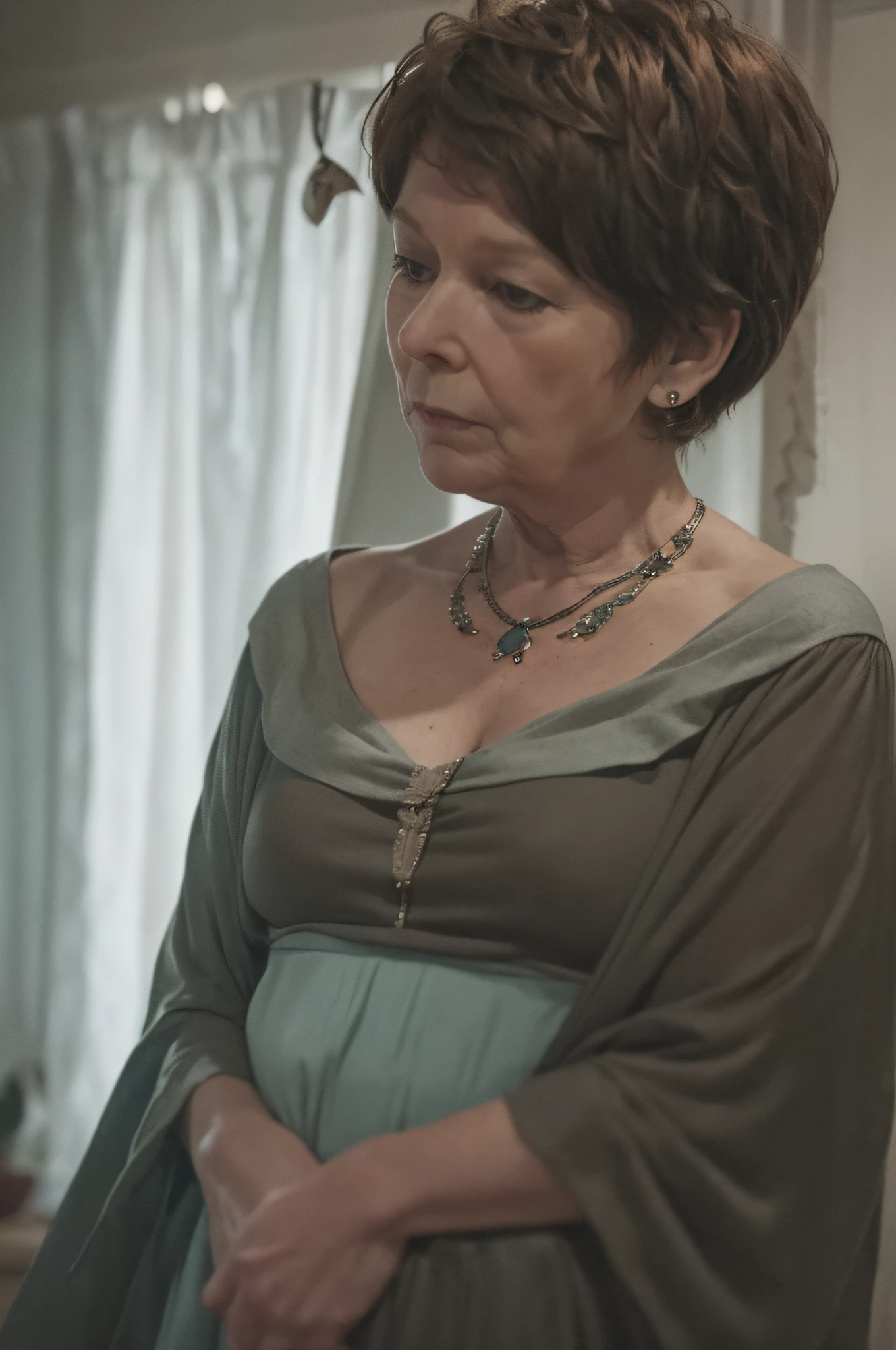 The Haunting Glow of Yolande's Past
In a dimly lit room, Yolande, a 60-year-old woman, stands wearing a vintage dress that seems to sell stories of its own. The colors of the room shift between a haunting #F2ECBE and a mysterious #9A3B3B. As she gazes into the distance, a monstrous shadow with a glowing #64CCC5 effect looms behind her, its intentions unknown. The room is filled with old portraits, each telling a tale of its own. A cold wind blows, making the curtains flutter, and a soft whisper can be heard, echoing Yolande's name.
