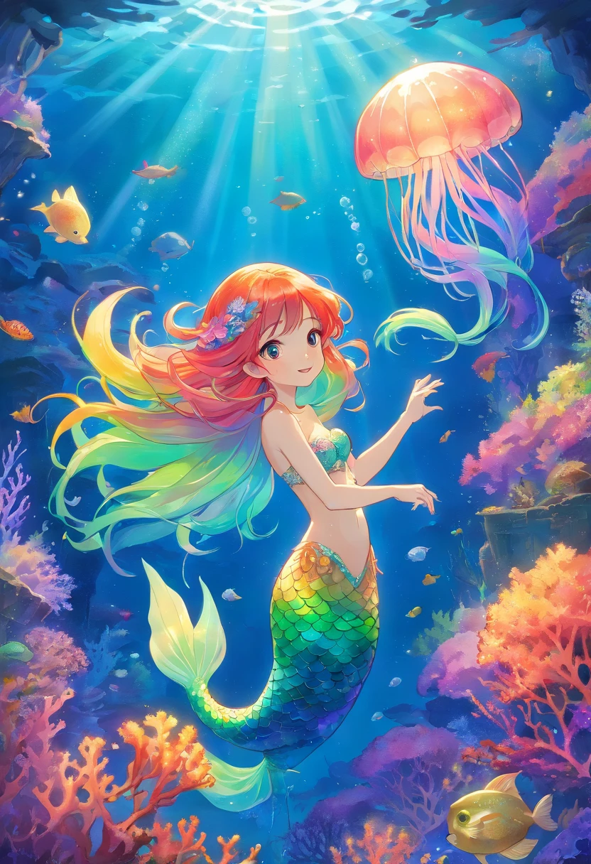 rainbow mermaid,fantasy creature (mermaid:1.1),underwater scenery,ocean depths,beautiful detailed eyes,beautiful detailed lips,sparkling scales,flowing colorful hair,finely detailed fish tail,magical underwater lighting,calm and serene atmosphere,peaceful underwater kingdom,dreamlike setting,floating seaweed and coral,fascinating marine life,vibrant and bright colors,natural sunlight filtering through the water,iridescent jellyfish dancing around,playful and gentle sea creatures,ethereal and enchanting presence,mythical and mysterious aura.
