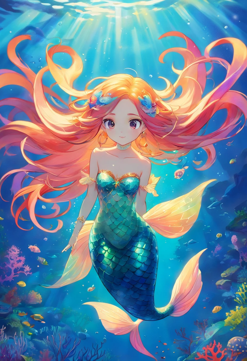 rainbow mermaid,fantasy creature (mermaid:1.1),underwater scenery,ocean depths,beautiful detailed eyes,beautiful detailed lips,sparkling scales,flowing colorful hair,finely detailed fish tail,magical underwater lighting,calm and serene atmosphere,peaceful underwater kingdom,dreamlike setting,floating seaweed and coral,fascinating marine life,vibrant and bright colors,natural sunlight filtering through the water,iridescent jellyfish dancing around,playful and gentle sea creatures,ethereal and enchanting presence,mythical and mysterious aura.