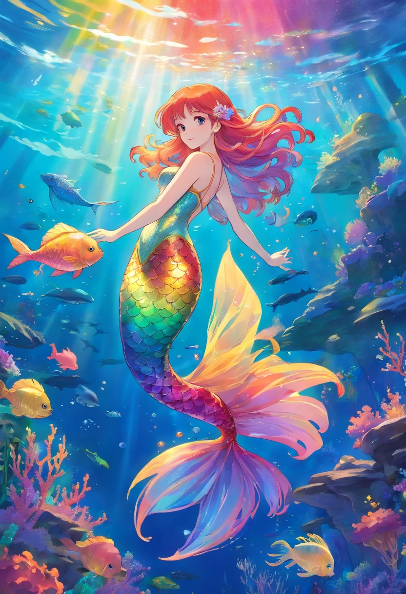 rainbow mermaid,fantasy creature (mermaid:1.1),underwater scenery,ocean depths,beautiful detailed eyes,beautiful detailed lips,sparkling scales,flowing colorful hair,finely detailed fish tail,magical underwater lighting,calm and serene atmosphere,peaceful underwater kingdom,dreamlike setting,floating seaweed and coral,fascinating marine life,vibrant and bright colors,natural sunlight filtering through the water,iridescent jellyfish dancing around,playful and gentle sea creatures,ethereal and enchanting presence,mythical and mysterious aura.