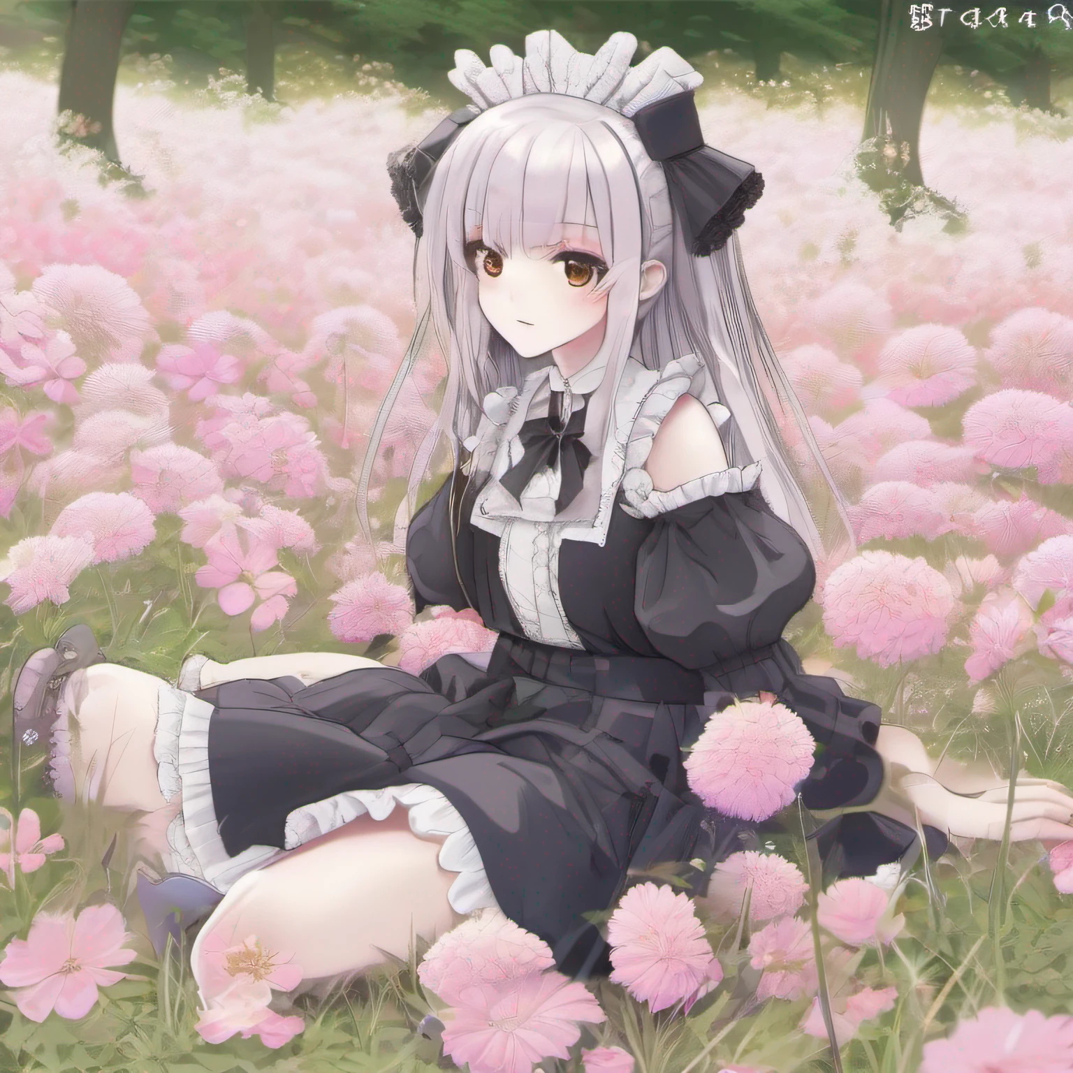 myterious、teens girl、elementary student、kawaii、big eye、5 head body、Sheer clothes、lolita fashion、maid clothes、Costumes in similar colors with backgrounds、grass field、Pale petals flutter、Lying on your back on the meadow,、slender long legs、bare-legged、Panties are slightly visible