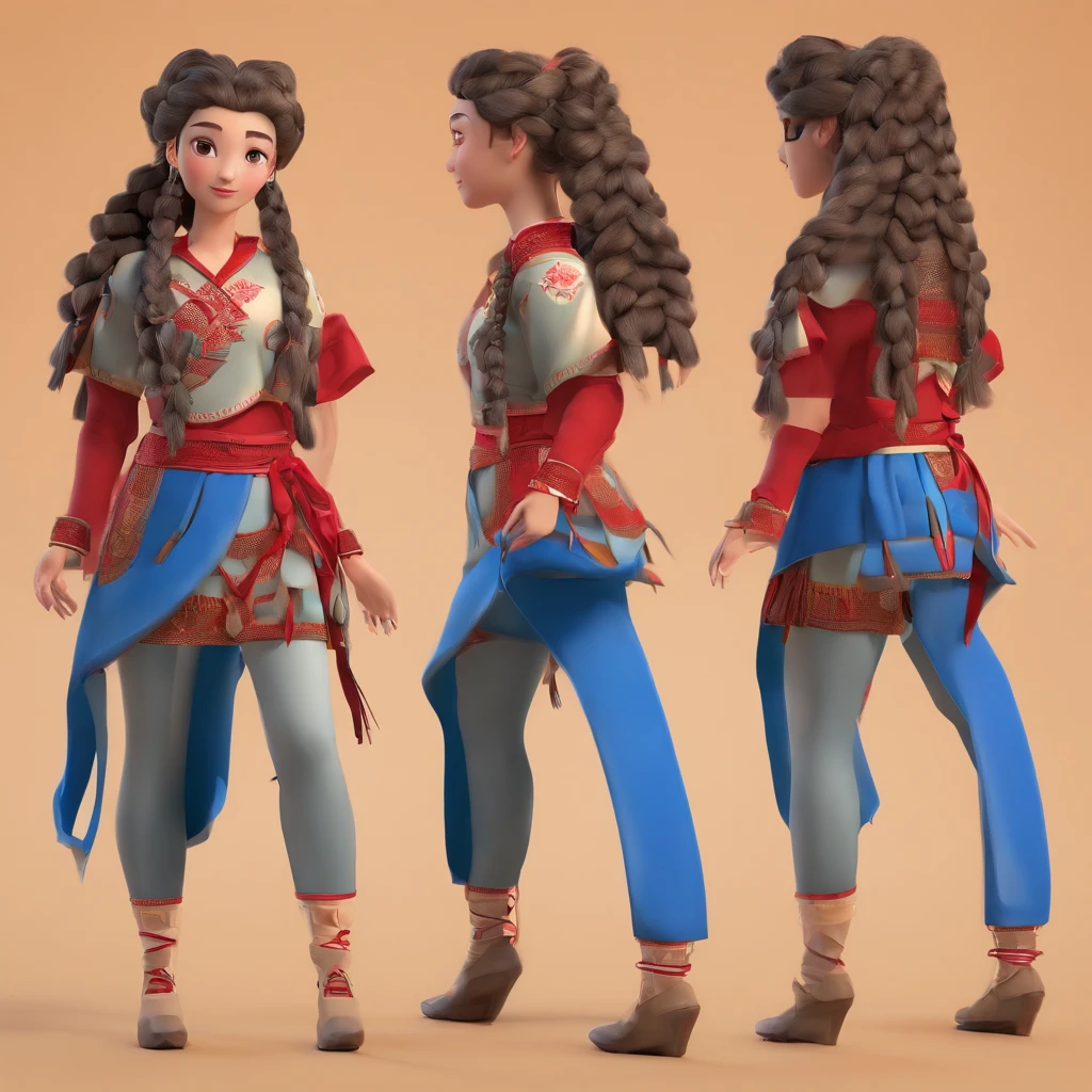 girl,The traditional costume of the She,Her clothes were bluish blue,The garments are mostly self-woven linen,Lace at collar、Cuffs and right placket,Get used to wearing shorts and tying your legs with a string。Red velvet threads are wrapped around the hair,Braided into long braids