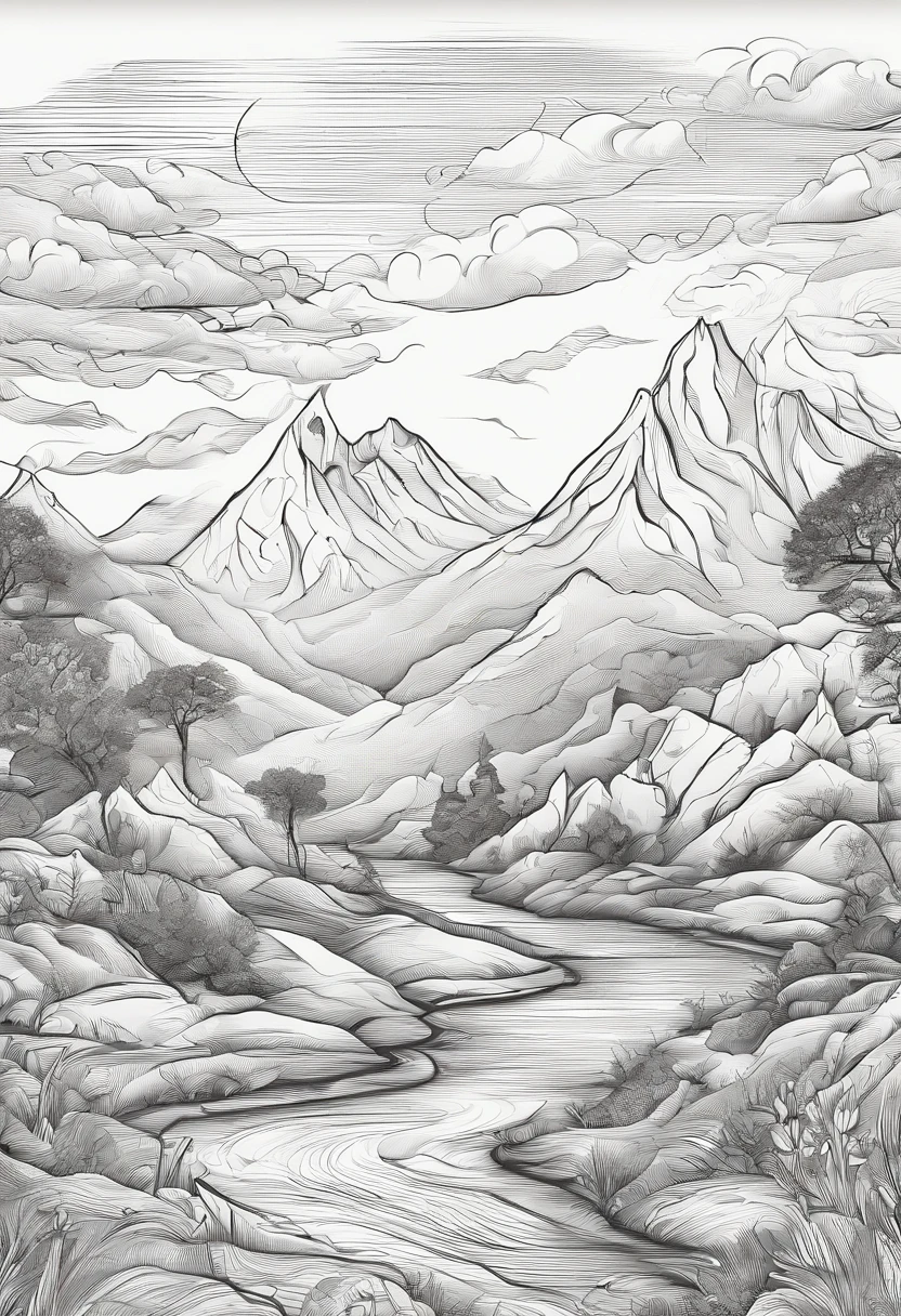 mountain peaks，flowingwater，waterfallr，teacup，Clouds，handpainted，black andwhite，illustration，China-style，Large length，Creative writing，New Chinese，k hd，Be detailed，A high resolution，8K