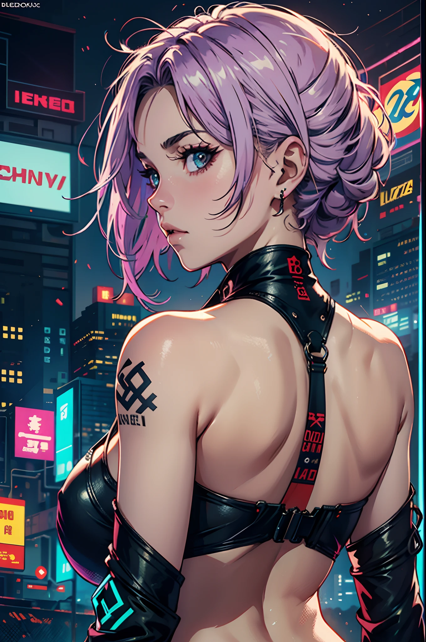 garota de costas, sem camisa, looking behind, dragon tattoo on the back, imagem estilo cyberpunk, luzes neon, alta qualidade, ultra 8k