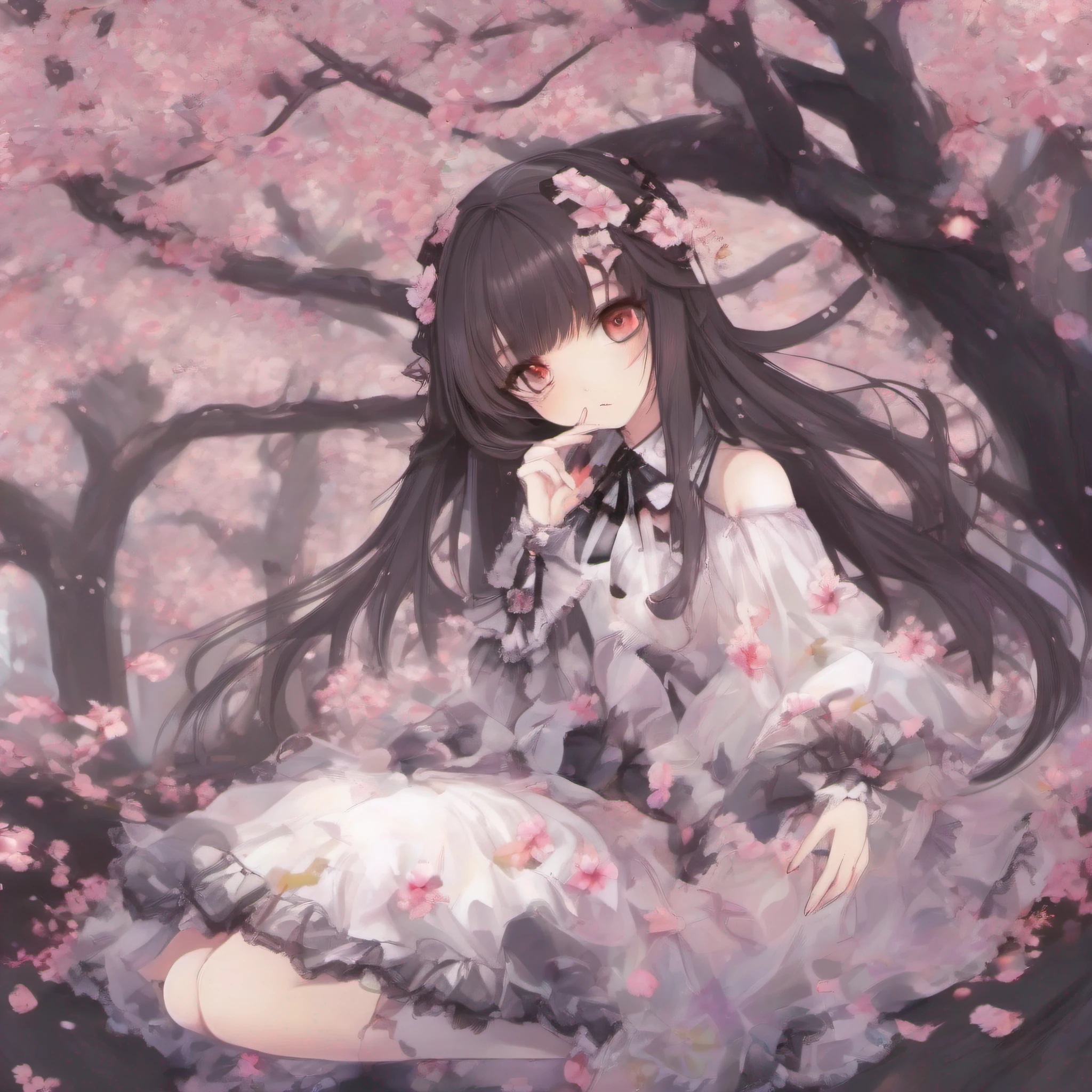 myterious、teens girl、elementary student、kawaii、big eye、5 head body、lolita fashion、Background and assimilated colors、Sheer clothes、Gothic lolita、cherry trees、Lying on your back on cherry petals、slender long legs、bare-legged、Petals flutter