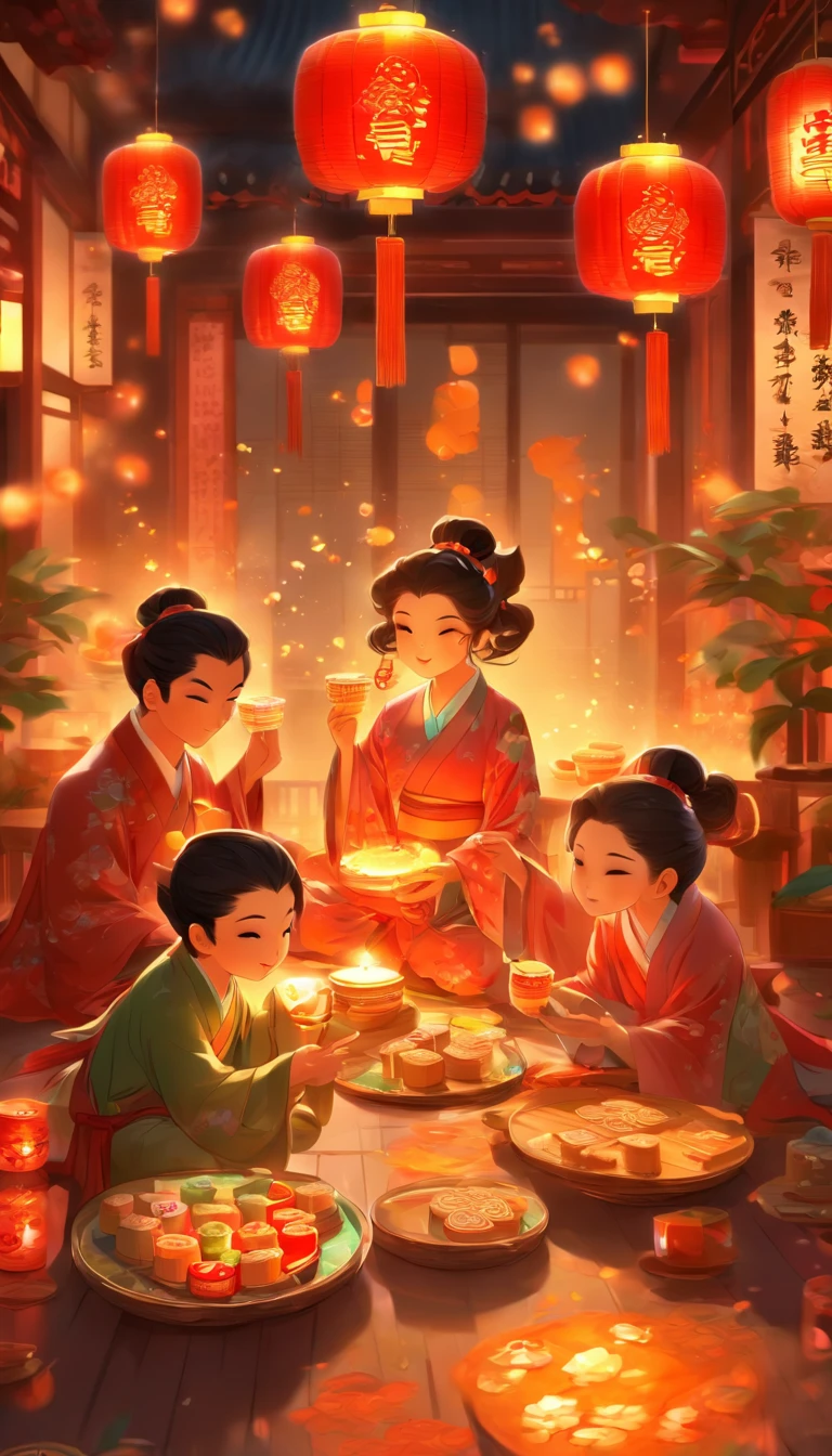 A family eats mooncakes,There are mooncakes on the table, Food in hand, tea drinking and paper lanterns, Bright moon,Chinese style painting, exciting illustration