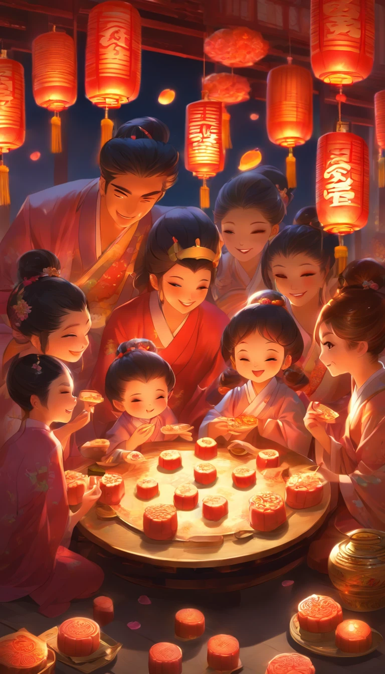 A family eats mooncakes，There are mooncakes on the table, Food in hand, tea drinking and paper lanterns, Bright moon,Chinese style painting, exciting illustration