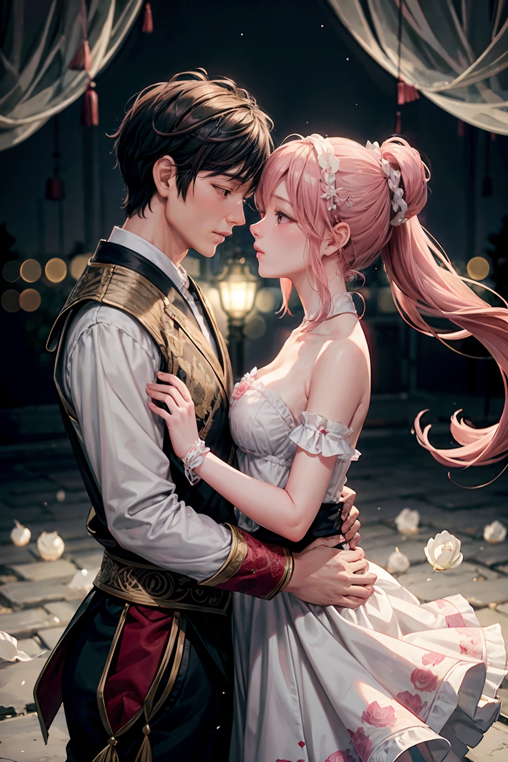 ,1 moon,Romantic couple kissing in the wind,anatomy correct, Delicate pattern,Oriental elements,Ink painting style, Clean colors,Pink rose space, Soft lighting, ( Bokeh),Masterpiece, Super detailed, Epic composition, Highest quality, 8K,