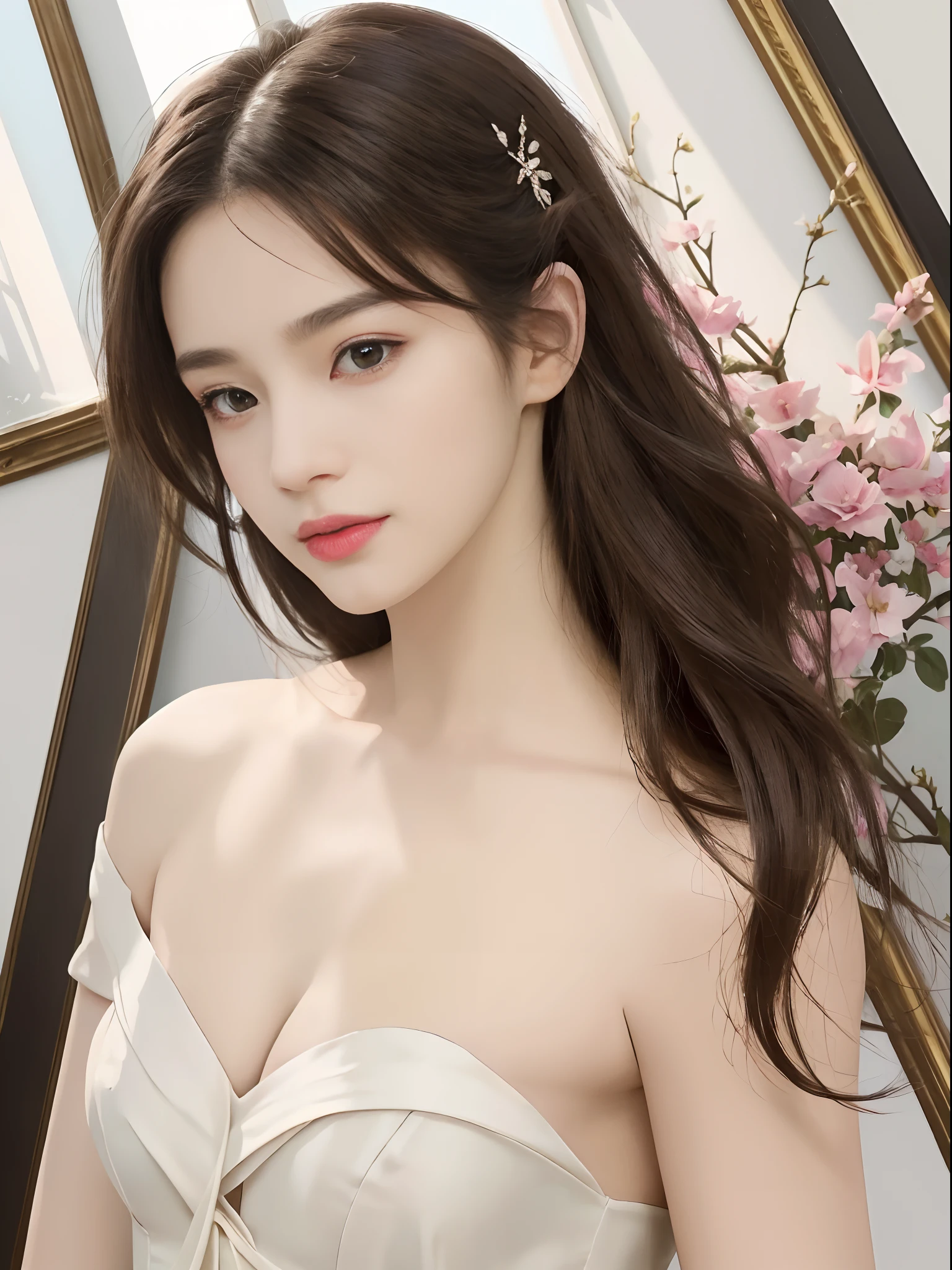 masterpiece, top-quality, (((masterpiece))), (((Highest grade))), ((Special Adjustment)), (illustration), ((Extremely Delicate and Beautiful)), dynamic angle, Floating, (beautiful detail eyes), (detailed lighting), (1 girl), mediuml breasts, medium-length hair, The eyes are shiny, dark brown., dark-brown hair, bodycon dress, natural, (sunlight), (painting), (sketch), (floral), slight smile, pastel color, Complete Anatomy, Upper body, Beautiful faces with high detail,