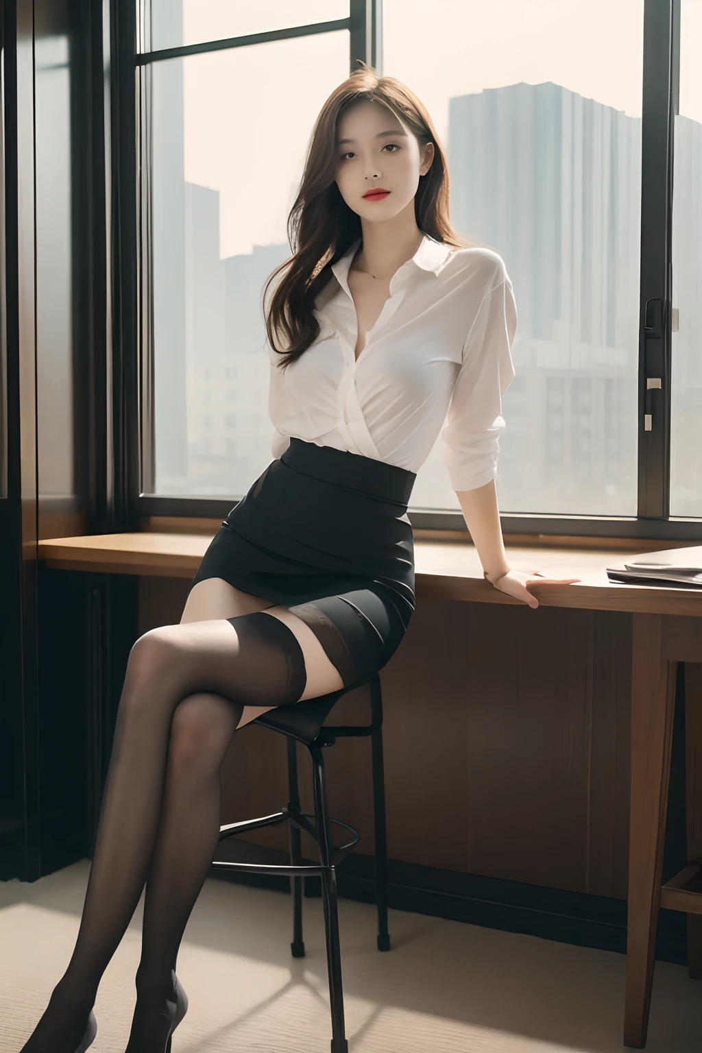 1 girl leaning back in an office chair,Complete legs,Complete feet,,Long legs,21yo,delicated,Business womenswear,,(Open-chested shirt:1.2),nedium breasts:1.2,Bring your chest together,shoulders out,Slender,(Wrap skirt:1.1),jewelry,Hosiery,Stockings,Flesh-colored stockings,goosebumps,Goose - meat,(Fidelity:1.3),filigree,quality,(tmasterpiece:1.2),(Fidelity:1.2),(best qualtiy),(skin detailed:1.3),(Complicated details),dramatics,Ray traching,photore,Bathed in shadows,visual novel,window with view on the city,filmgrain,depth of fields,long leges:1.4
