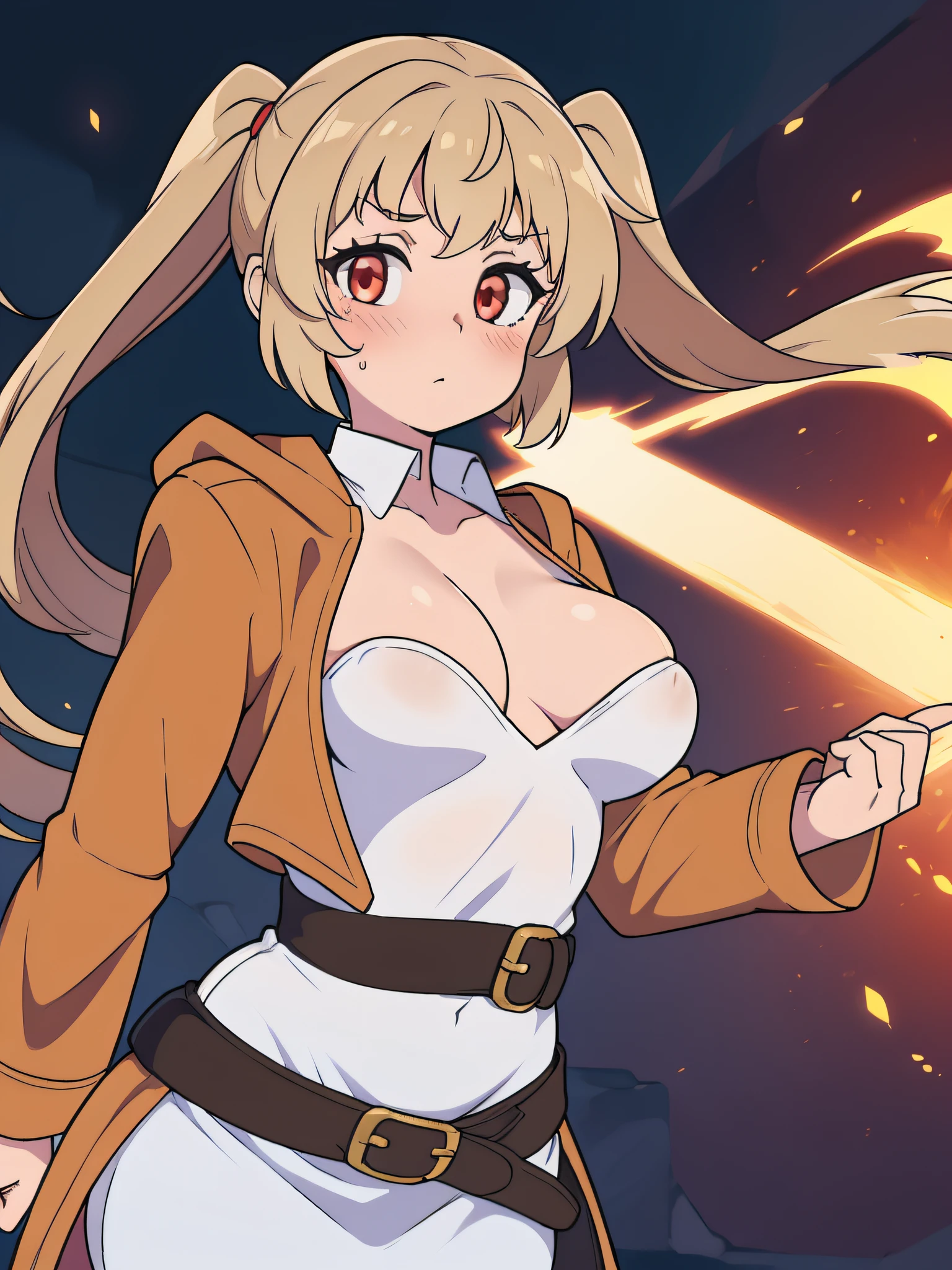 (((kipteitei art))), Masterpiece, high quality, best quality, beautiful, HD, perfect lighting, detailed face, detailed body, ((1girl)), ((solo)), small breasts, cleavage, ((((sagging breasts)))), soft body, twintails, light brown hair, blushing, worried, light red eyes, it's bright, small round breasts, tanned skin, (((very small breasts))), small boobs, flat chest, flat_chest, tiny_breasts, (((flat_chest))), (((tiny_breasts))), blush, dark orange coat, dark orange mage coat, white robe around body, tight clothes, light blue grimoire floating, ((blue grimoire floating besides her)), battlefield, green plains, leaning to the front, looking at viewer, white shirt, tight white shirt, brown belt on belly, tight belt