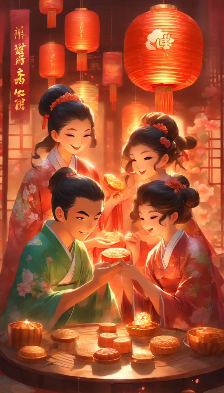 A family of three eating mooncakes，There are mooncakes on the table, Food in hand, tea drinking and paper lanterns, themoon,Chinese style painting, exciting illustration