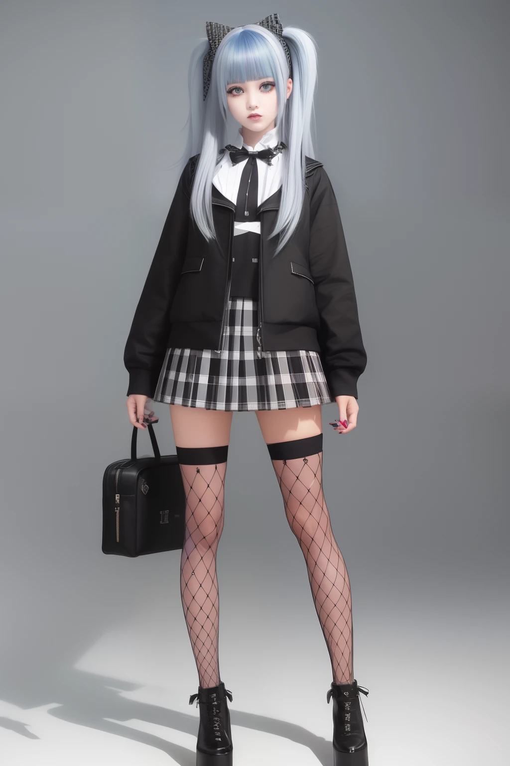 Full body image, punk-goth, schoolgirl chic, Blue Streaks, one cute bag ((hair color is combination of black and white hair)), long hair, straight hair, green skin, big eyesplaid skirt, stripe blouse, Checkerboard Bow, Stitched Jacket, Black Vest, Knee-High Socks, Bolt Necklace, Bolt Earrings, Stitched Dress, Platform Heels, mary jane shoes, Green Skin, Neck Bolts, Pet Watzit, Torn Tights, Electric Personality, sophisticated,, beautiful woman, ((background: school,,)) hyper realistic, hyperrealism, photoreal, realistic, photorealistic, soft pastels, full-body, standing, long shot, wide angle, aesthetic