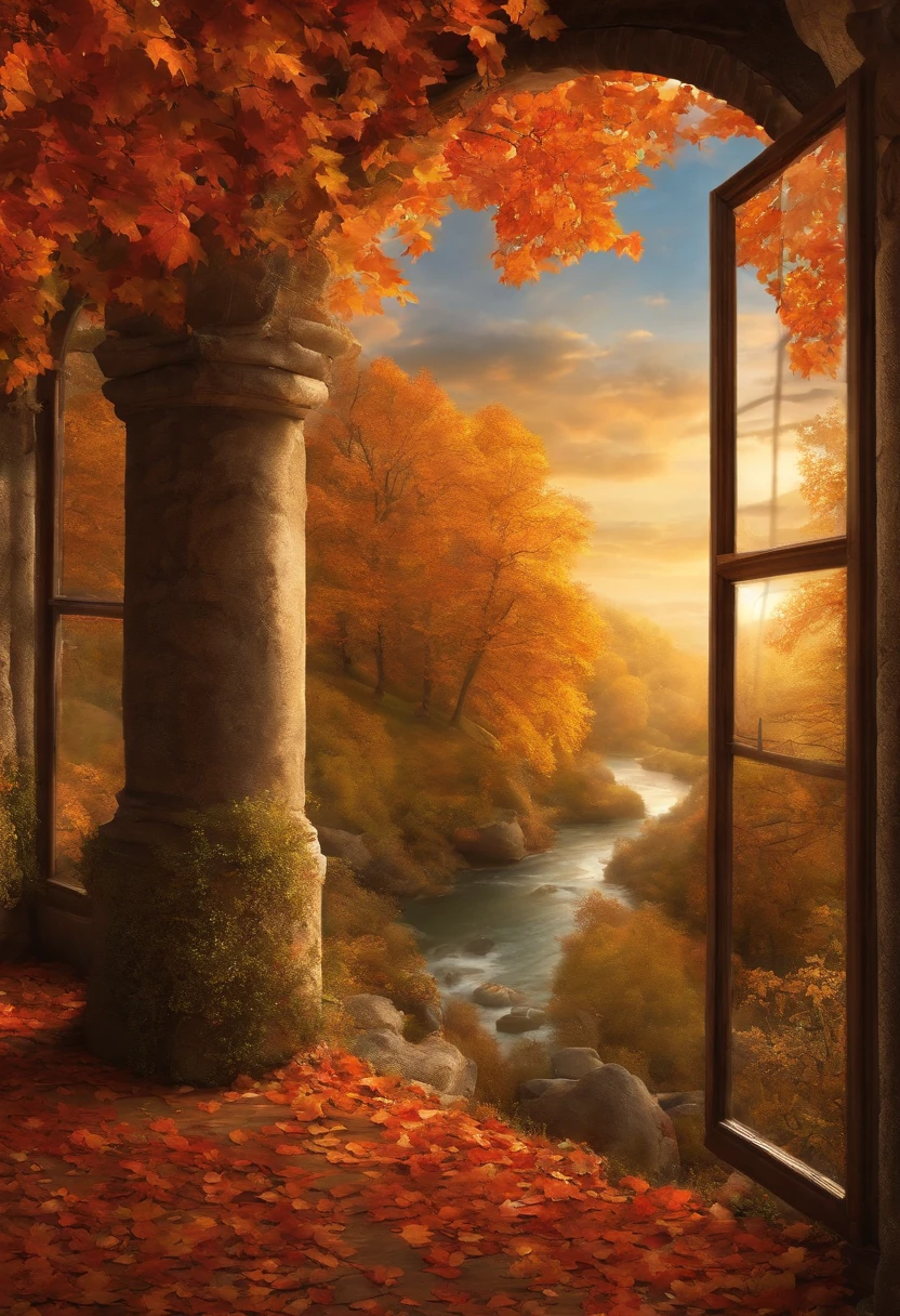 ((masterpiece)), ((best quality)), 8k, high detailed, ultra-detailed, 
Through the grand, weathered royal window, a breathtaking autumn landscape comes into view. The window frames a scene straight out of a fairytale. Outside, a majestic castle stands tall amidst a tapestry of vibrant autumn foliage. The leaves of the trees are ablaze in shades of crimson, gold, and burnt orange, creating a mesmerizing display of colors. A gentle breeze rustles through the branches, causing the leaves to dance and twirl in the air. In the distance, a winding river meanders through the rolling hills, reflecting the golden hues of the surrounding trees. The sky is a clear azure blue, dotted with fluffy white clouds. As the sunlight streams through the window, it casts a warm, ethereal glow on the scene, making it appear even more enchanting. It's a view that transports you to a bygone era, where beauty and tranquility coexist harmoniously.