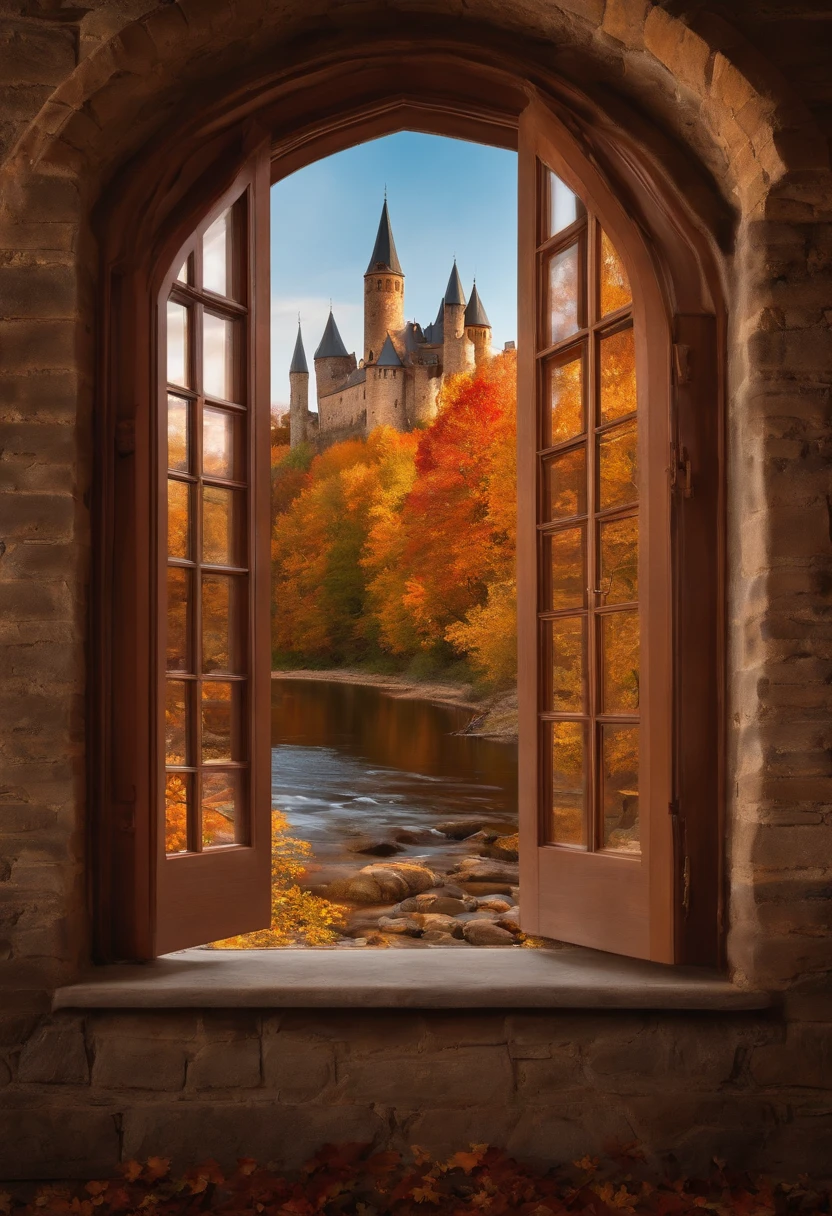 ((masterpiece)), ((best quality)), 8k, high detailed, ultra-detailed, 
Through the grand, weathered royal window, a breathtaking autumn landscape comes into view. The window frames a scene straight out of a fairytale. Outside, a majestic castle stands tall amidst a tapestry of vibrant autumn foliage. The leaves of the trees are ablaze in shades of crimson, gold, and burnt orange, creating a mesmerizing display of colors. A gentle breeze rustles through the branches, causing the leaves to dance and twirl in the air. In the distance, a winding river meanders through the rolling hills, reflecting the golden hues of the surrounding trees. The sky is a clear azure blue, dotted with fluffy white clouds. As the sunlight streams through the window, it casts a warm, ethereal glow on the scene, making it appear even more enchanting. It's a view that transports you to a bygone era, where beauty and tranquility coexist harmoniously.