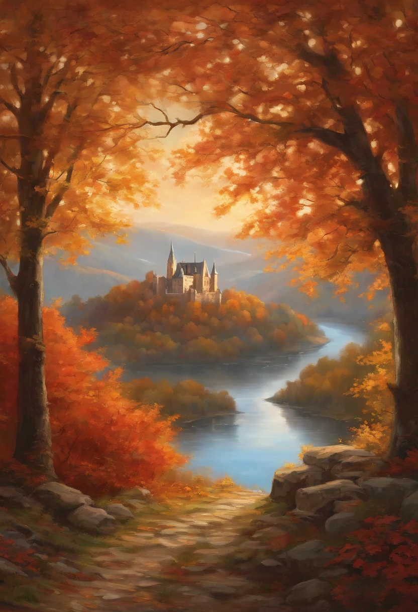 ((masterpiece)), ((best quality)), 8k, high detailed, ultra-detailed,
Through the grand, weathered royal window, a breathtaking autumn landscape comes into view. The window frames a scene straight out of a fairytale. Outside, a majestic castle stands tall amidst a tapestry of vibrant autumn foliage. The leaves of the trees are ablaze in shades of crimson, gold, and burnt orange, creating a mesmerizing display of colors. A gentle breeze rustles through the branches, causing the leaves to dance and twirl in the air. In the distance, a winding river meanders through the rolling hills, reflecting the golden hues of the surrounding trees. The sky is a clear azure blue, dotted with fluffy white clouds. As the sunlight streams through the window, it casts a warm, ethereal glow on the scene, making it appear even more enchanting. It's a view that transports you to a bygone era, where beauty and tranquility coexist harmoniously.