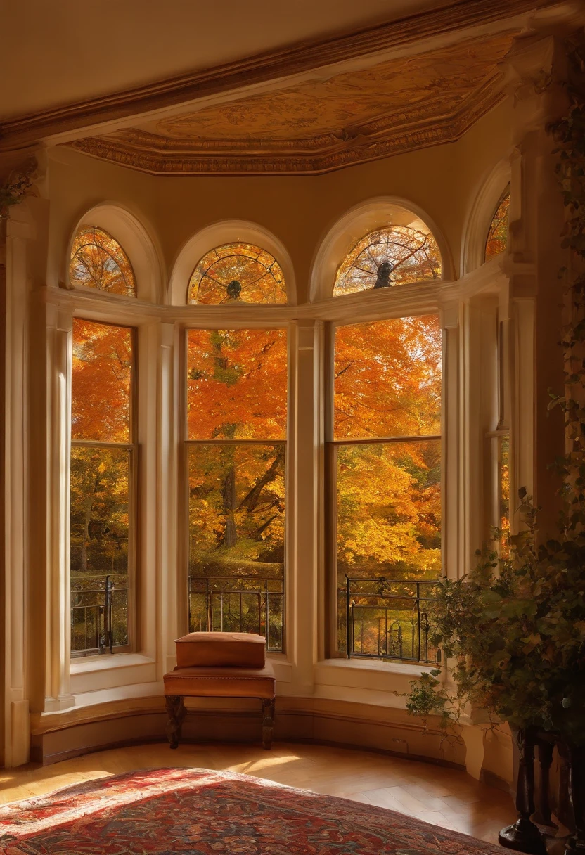 ((masterpiece)), ((best quality)), 8k, high detailed, ultra-detailed, 
Through the grand, weathered royal window, a breathtaking autumn landscape comes into view. The window frames a scene straight out of a fairytale. Outside, a majestic castle stands tall amidst a tapestry of vibrant autumn foliage. The leaves of the trees are ablaze in shades of crimson, gold, and burnt orange, creating a mesmerizing display of colors. A gentle breeze rustles through the branches, causing the leaves to dance and twirl in the air. In the distance, a winding river meanders through the rolling hills, reflecting the golden hues of the surrounding trees. The sky is a clear azure blue, dotted with fluffy white clouds. As the sunlight streams through the window, it casts a warm, ethereal glow on the scene, making it appear even more enchanting. It's a view that transports you to a bygone era, where beauty and tranquility coexist harmoniously.