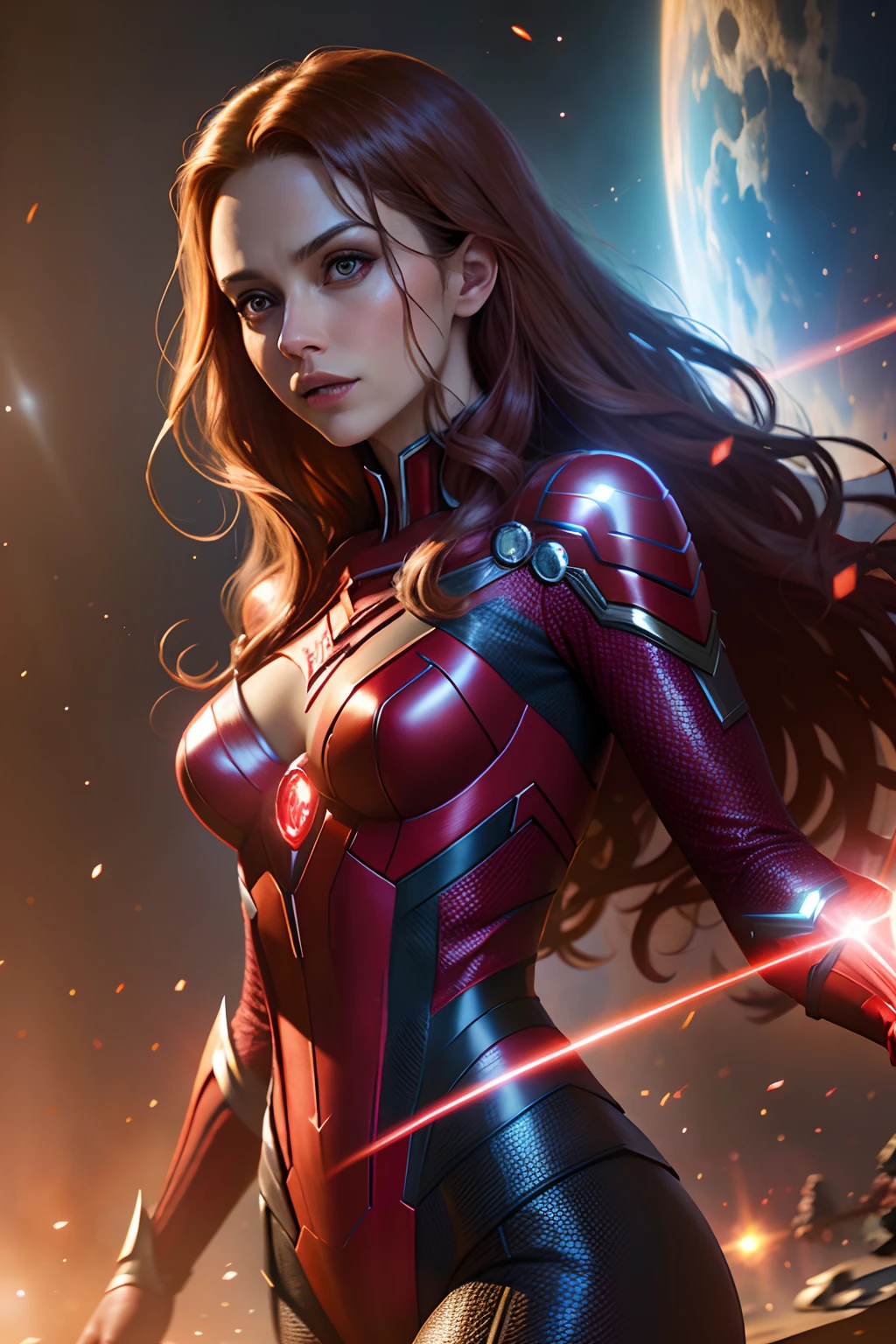 Scene from Movie, Scarlet Witch in a close-up of Marvel, Distorted space, distorted undead in the background, lens flare glow, light shafts, Intricate details, high detal, voluminetric lighting, 4K rendering, stockphoto, Ultra photo realsisim, Realistic textures, Dramatic lighting, illusory engine