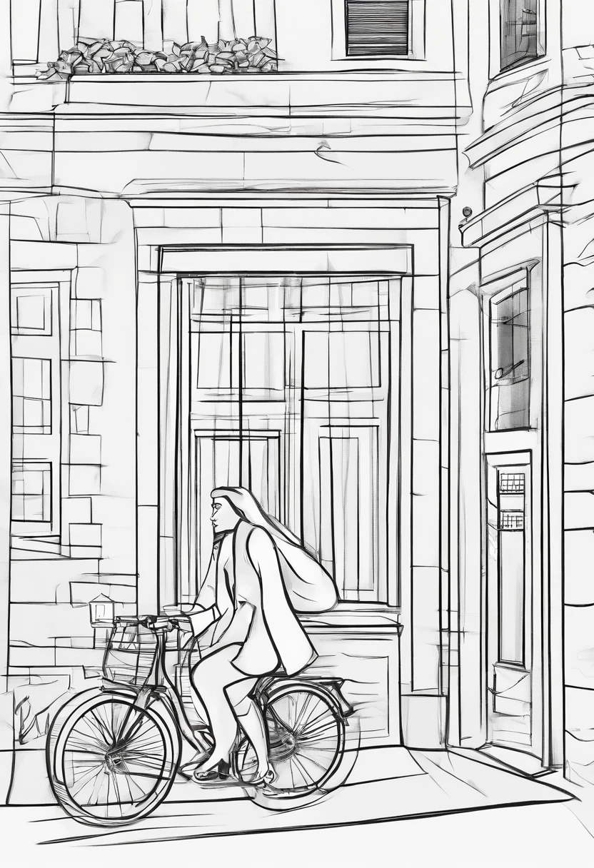 Mediterranean hairstyle，fat guy，The male，Riding a bicycle，Dark alley，Sexy woman，short  skirt，blacksilk，Leaning against the doorway
