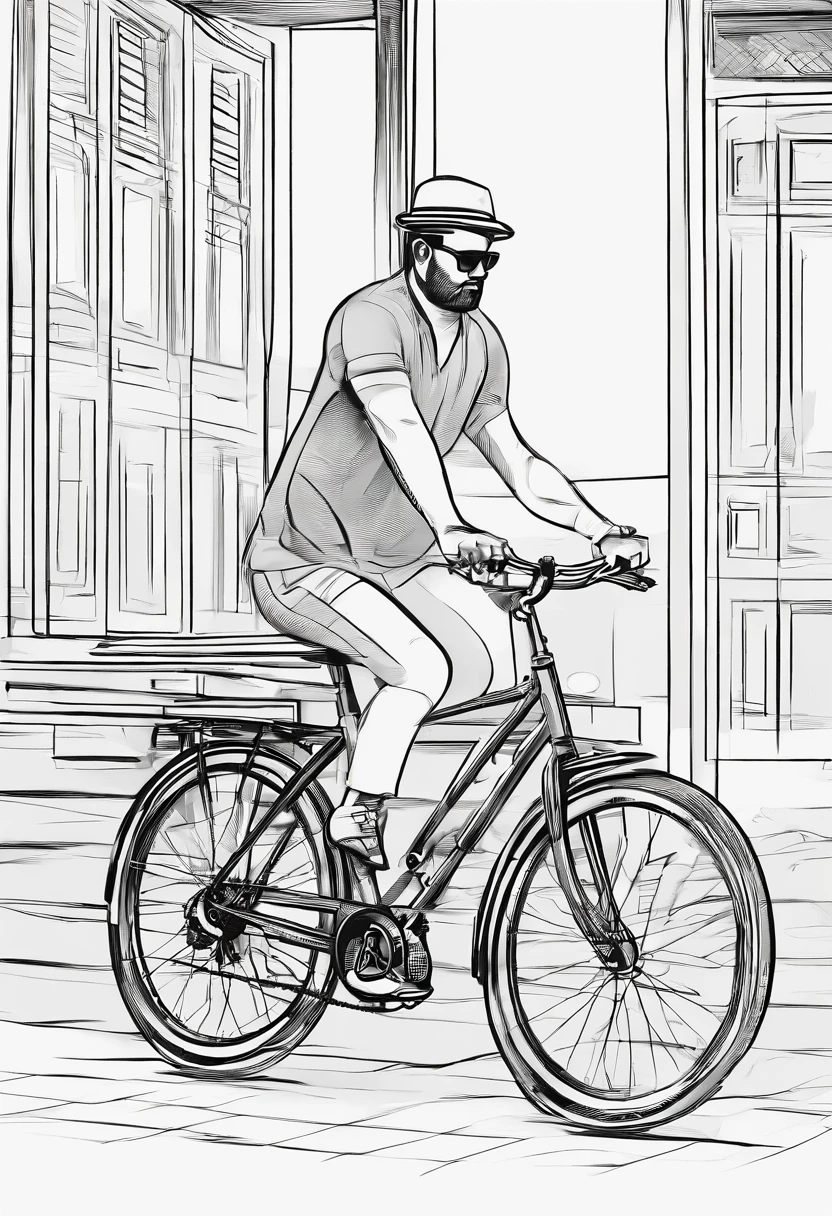 Mediterranean hairstyle,fat guy,The male,Riding a bicycle,Dark alley,Sexy woman,short skirt,blacksilk,Leaning against the doorway