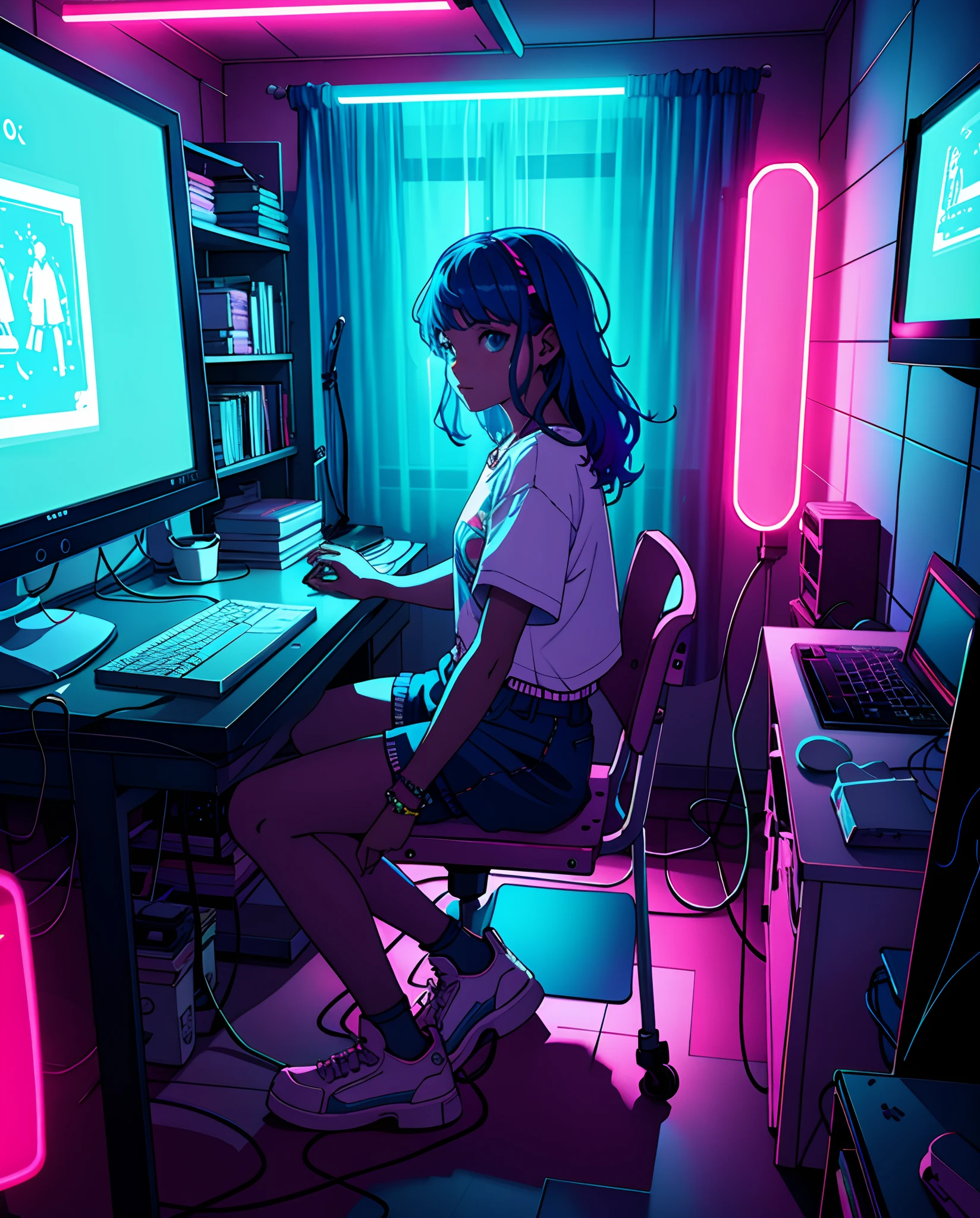 Teenage girl sitting in a chair in a very messy room fiddling with the computer, 80's style environment decoration, roupas pretas e curtas, apenas luzes neon, High quality neon lighting, cinematic lighthing, alta qualidade, 8k