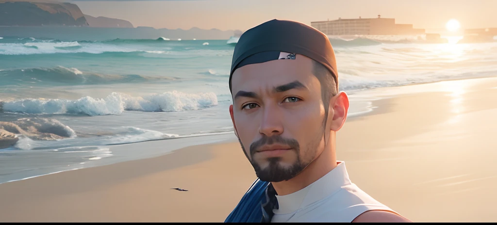 Change clothes , change background in a beach , don't change face , don't convert face in anime type