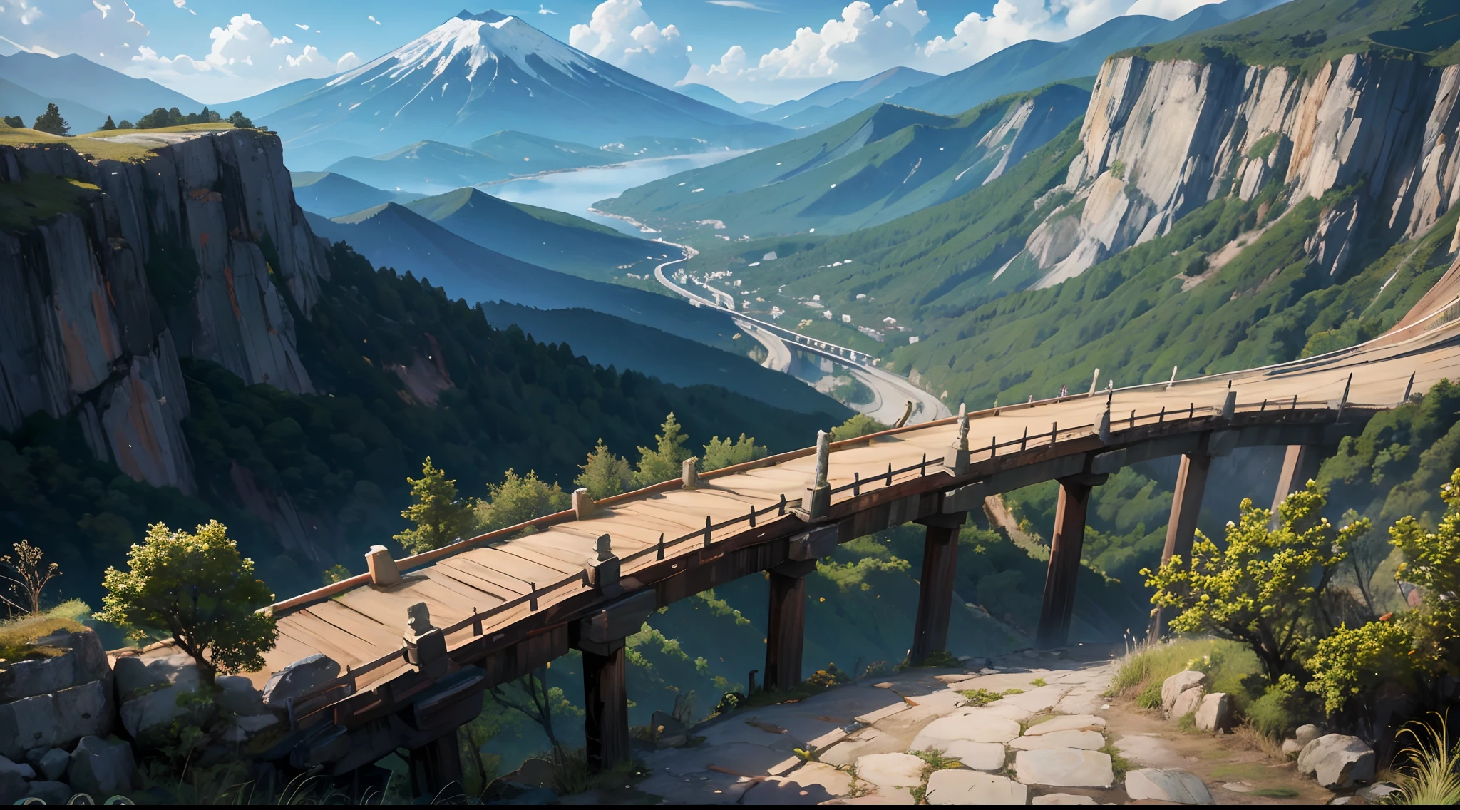 mountain road、escarpment、The road is thin and undulating、Volcanic field、Suspension bridge made of wood on a rocky mountain