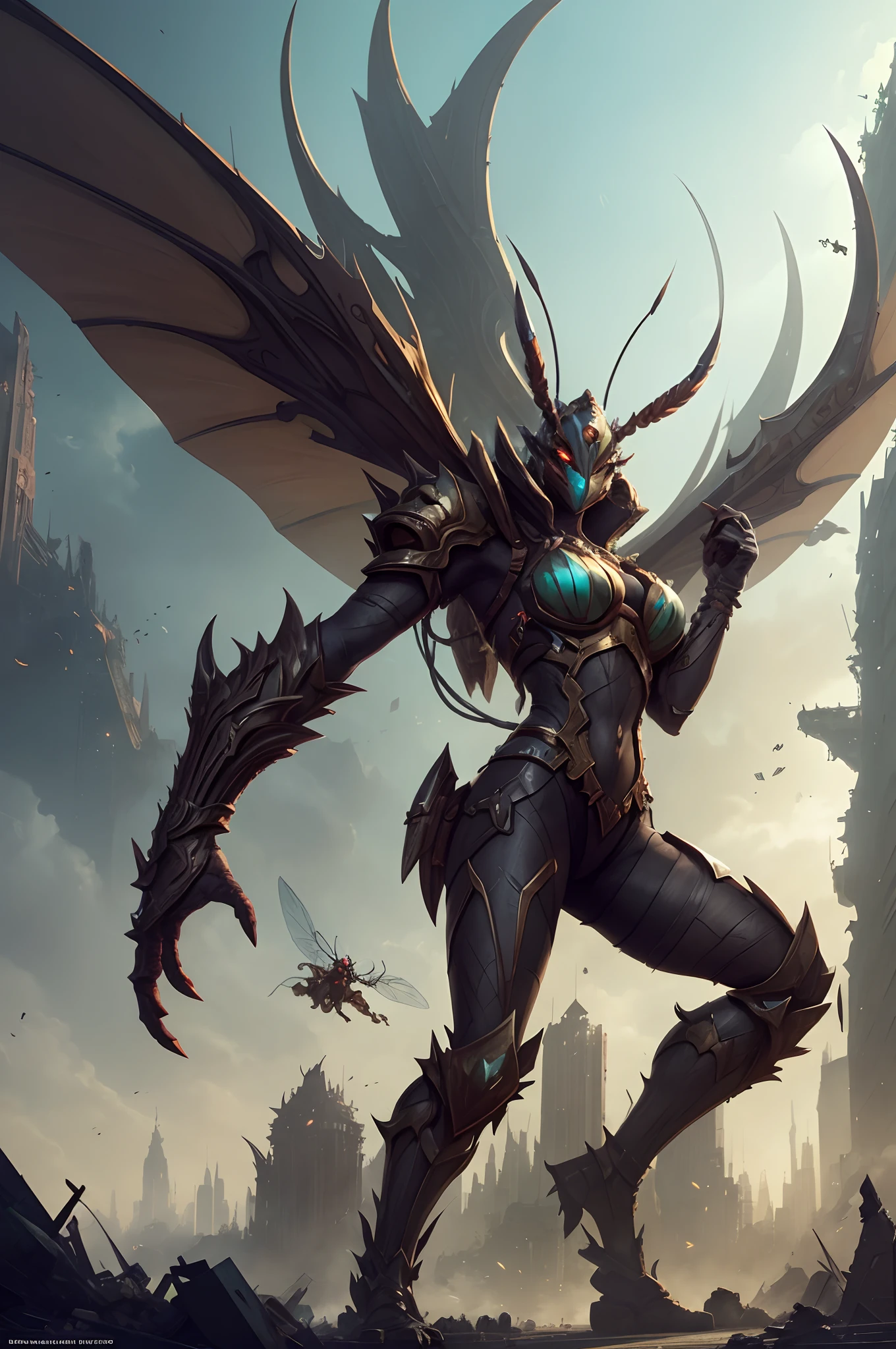 destroyed city,Anthropomorphism of giant insects,Insect animal humanoid woman,Prepare an attack stance,Face it positively, hyper-detailed fantasy character, beautiful full-body concept art, Amazing 8K character concept art, detailed full-body concept, Peter Mohrbacher. illusory engine、