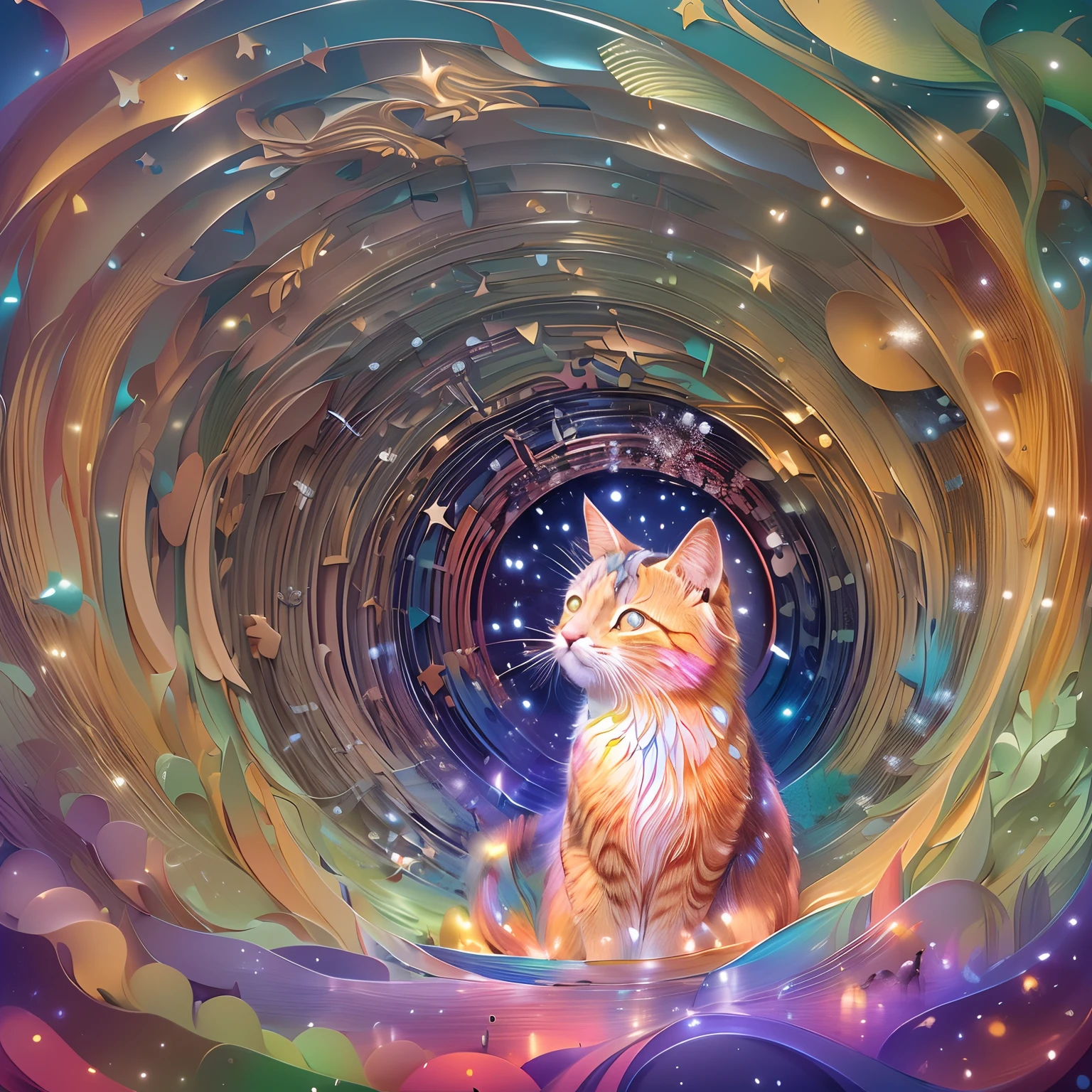 ((((masterpiece))), best quality, illustrations, beautiful details glow,paper_cut, The cat cat is traveling through the time tunnel ,Rainbow gradient,The stars twinkle