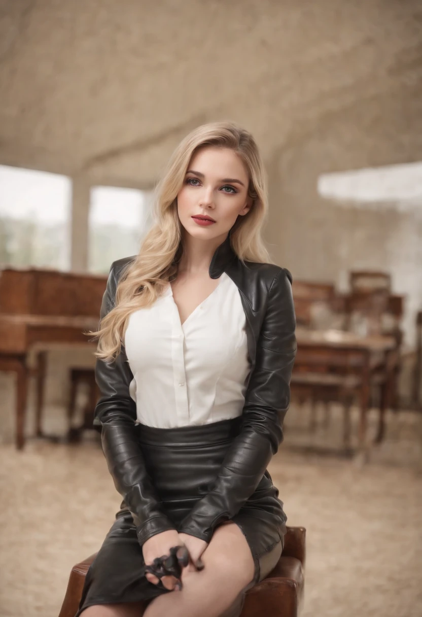 Black leather gloves with five fingers in both hands, black leather tight skirt, white blouse, black leather long boots, sit on a leather chair with her feet aligned, both hands of leather gloves are aligned on her knees, American blonde girl actress with her hair tied behind her back