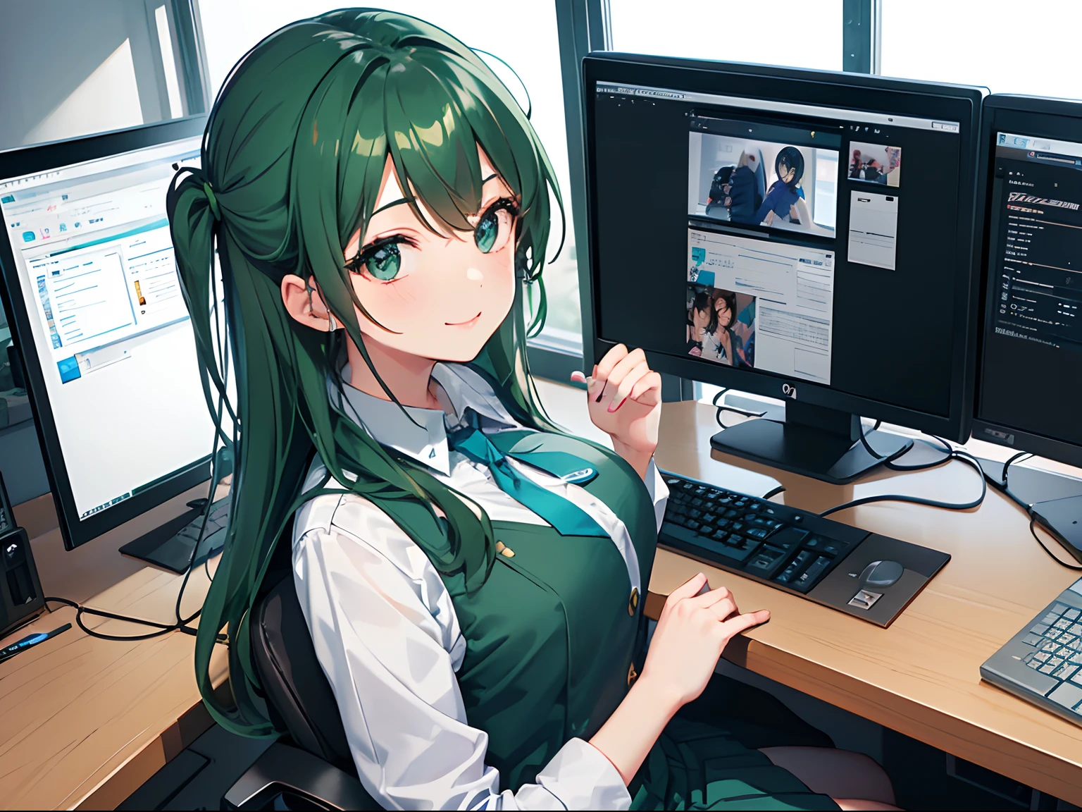 1girl in,s Office、Girl sitting on seat operating computer、((Large screen iMac)), 20yr old、Fashionable、photographed from the back、(From above), ((a closeup:1.2))、The upper part of the body、Turned、A smile、Green head hair、semi long hair、Business suits