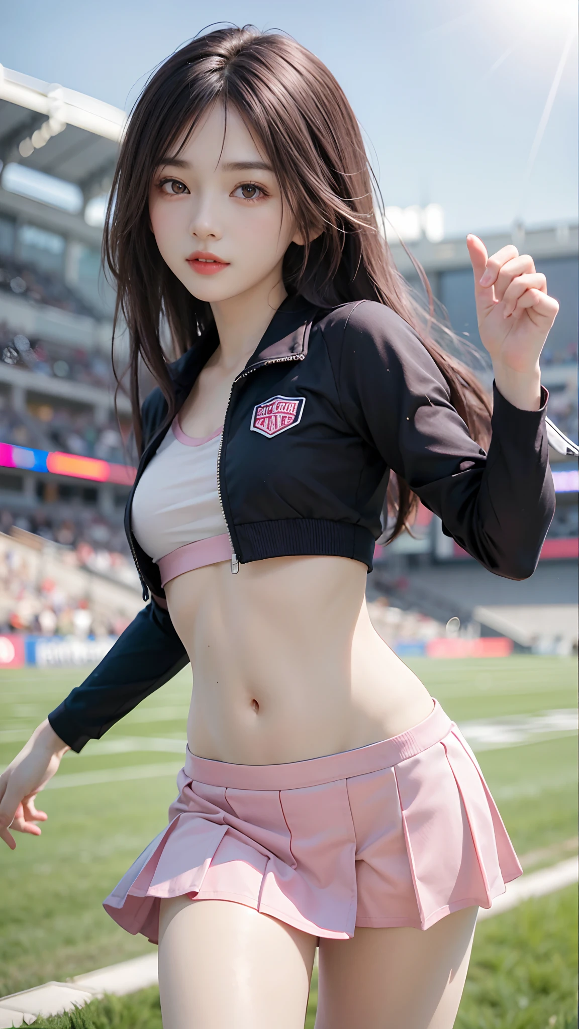 4k ultra hd, masterpiece, best quality, a girl, sports girl, happy, good face, smile, detailed eyes, detailed lips, very long hair, Multicolor floating hair, slim body, sweaty body, medium breasts, tight abs, narrow waist, pink costume, short sleeves, cropped top, opened jacket, black jacket, skirt, dark shadow, bright sunshine, stadium background, running pose