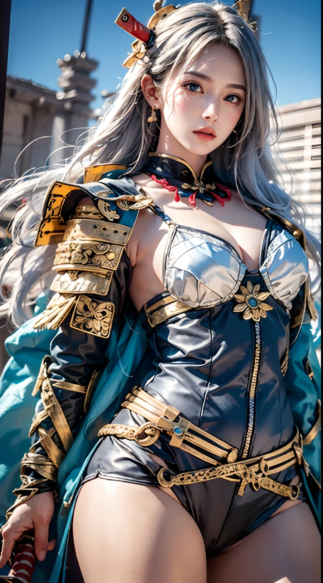 photorealistic, masterpiece, photorealistic, high resolution, soft light, hips up, blue eyes, white hair, long hair, Intricate details EABA, cloaks, spear, Samurai, Armor, Japanese Katana Sword, warrior, samurai helmet