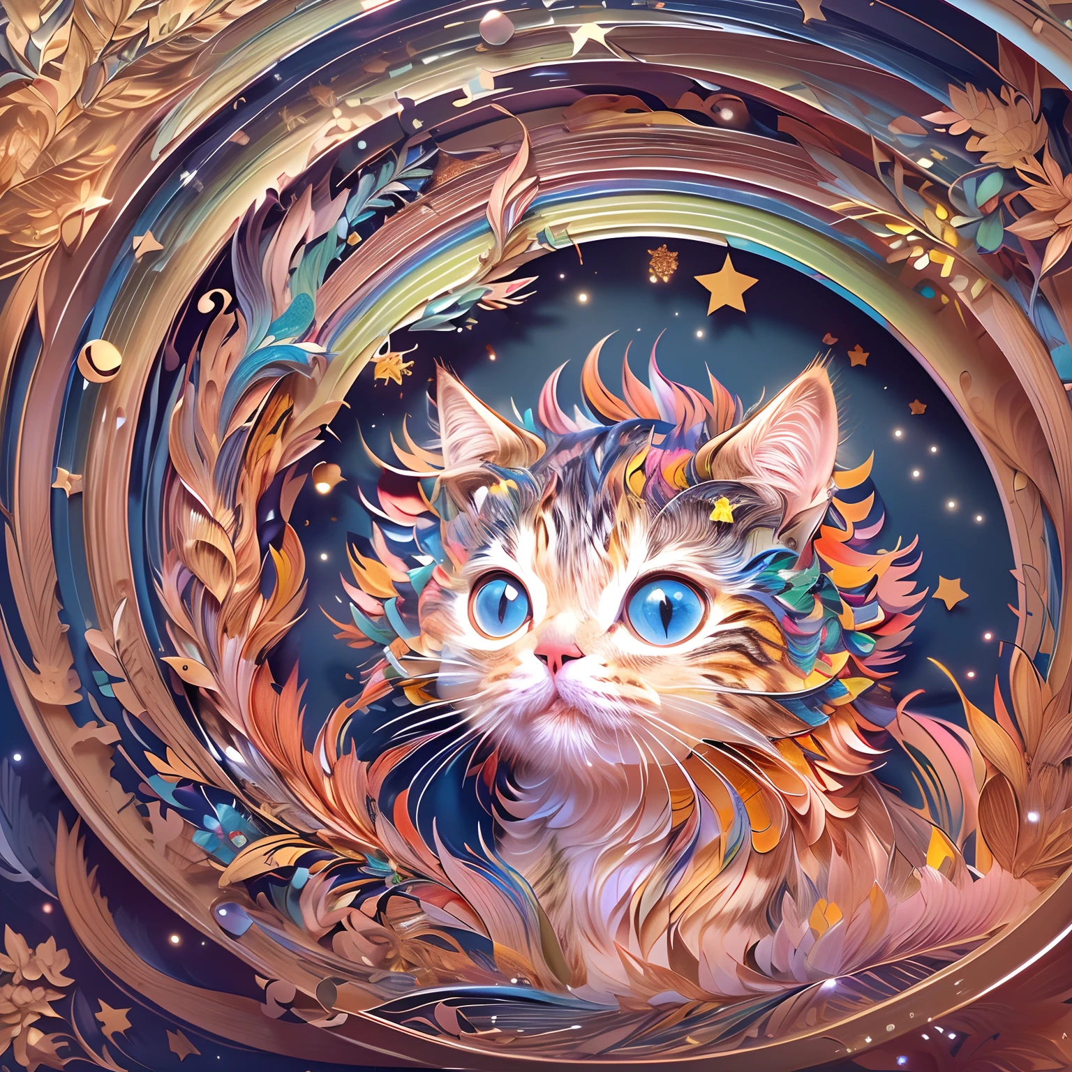 ((((masterpiece))), best quality, illustrations, beautiful details glow,paper_cut, The cat cat is traveling through the time tunnel ,rainbow style,The stars twinkle