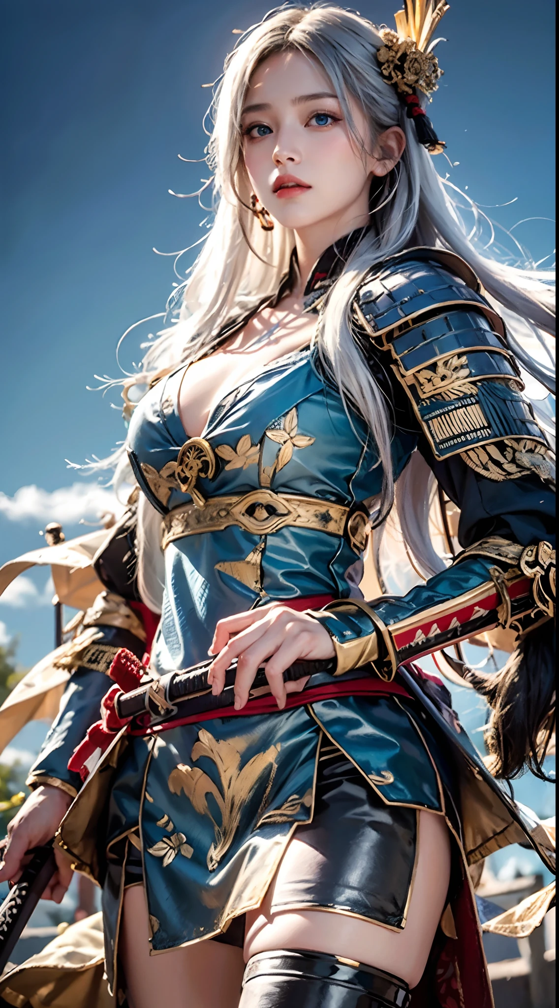 photorealistic, masterpiece, photorealistic, high resolution, soft light, hips up, blue eyes, white hair, long hair, Intricate details EABA, cloaks, spear, Samurai, Armor, Japanese Katana Sword, warrior, samurai helmet